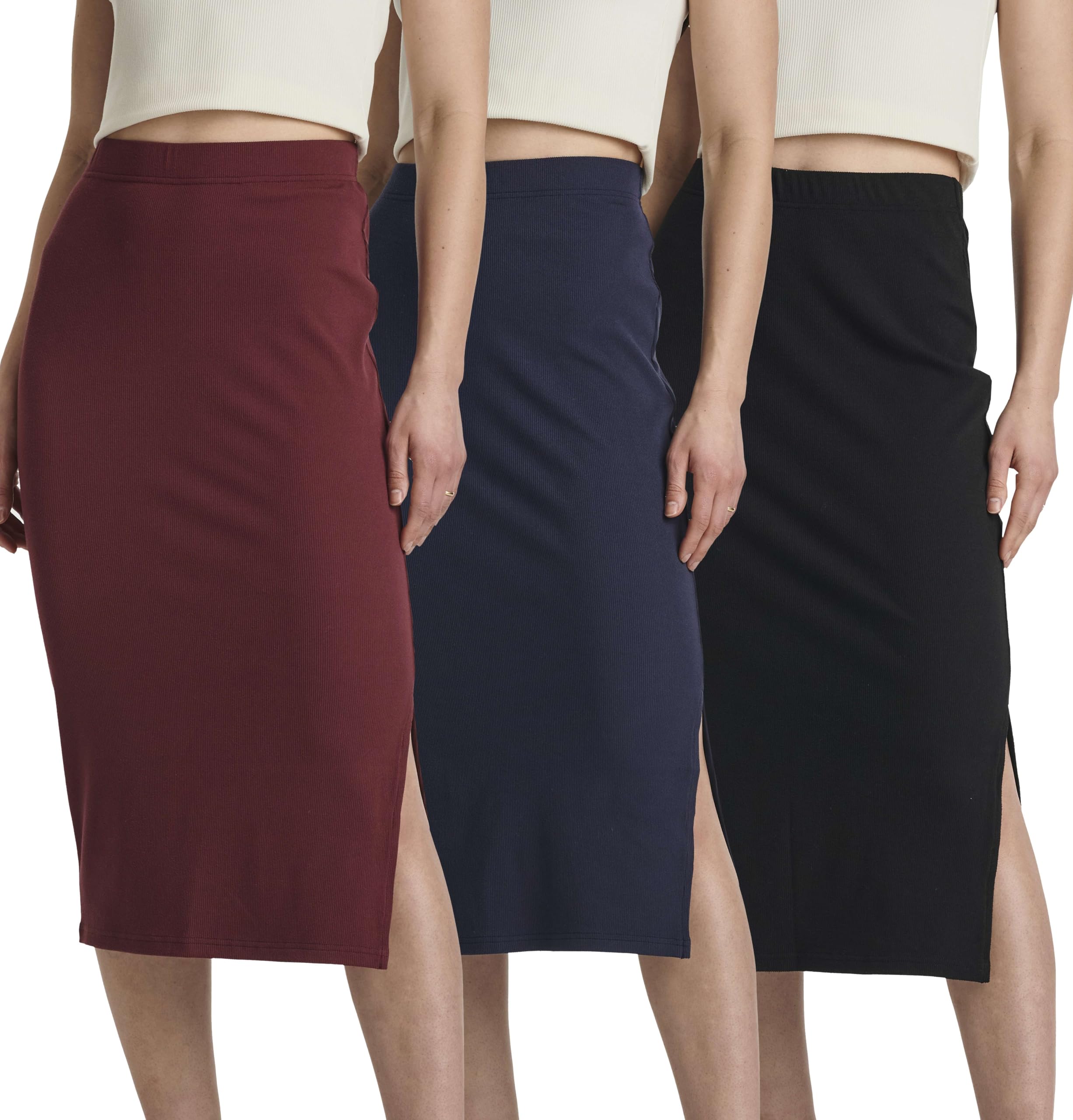 Real Essentials 3 Pack: Women's Midi Ribbed Knit Skirt with Side Slit - Stretchy Work Business Casual Pencil Pull-On Skirts