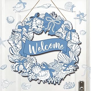 Jetec Ocean Welcome Wood Wreath 12 Inch Large Wooden Seashell Starfish Beach Themed Door Sign Wall Porch Art Summer Fall Front Door Wreath Hanging for Living Room Indoor Outdoor Kitchen Decor