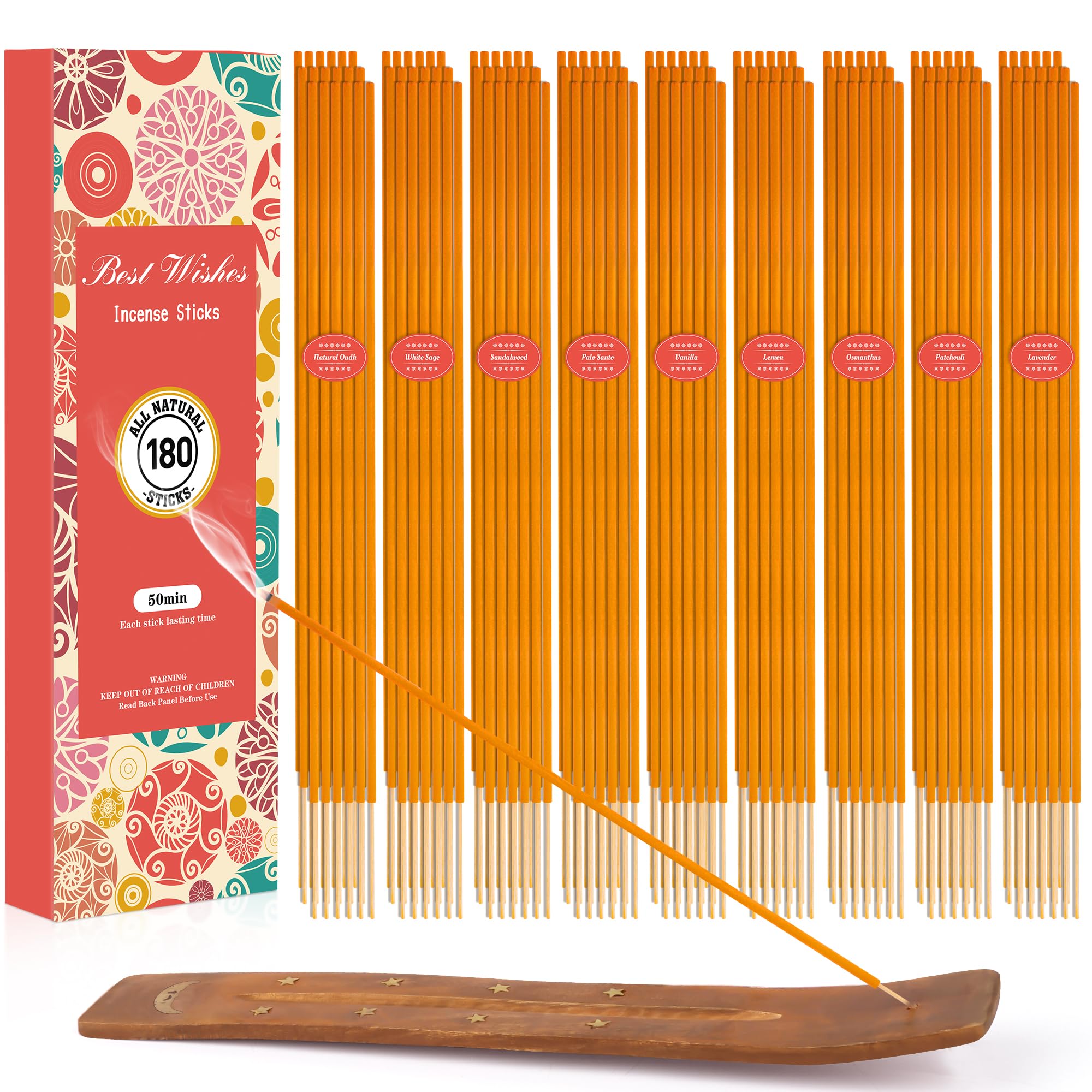 Incense Sticks Multipack Gift Set | 180 Sticks With Incense Holder | 9 Fragrance, Sandalwood,White Sage,Lavender,Vanill,Patchouli, Incense for Home Indoors Outdoor Garden Yoga