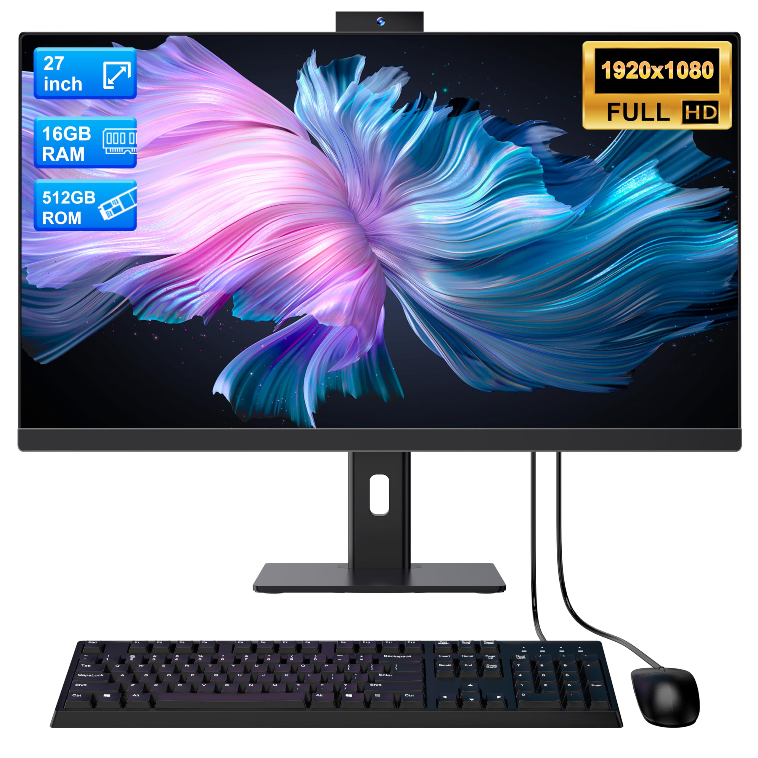 Computer all-in-one 27'' Core i7 (fino a 3,0 GHz) 512 GB SSD 16 GB RAM PC con schermo rotante, Webcam nascosta, WiFi6 Dual Band Bluetooth 5.3 - Ideale per telelavoro, editing video e uso familiare