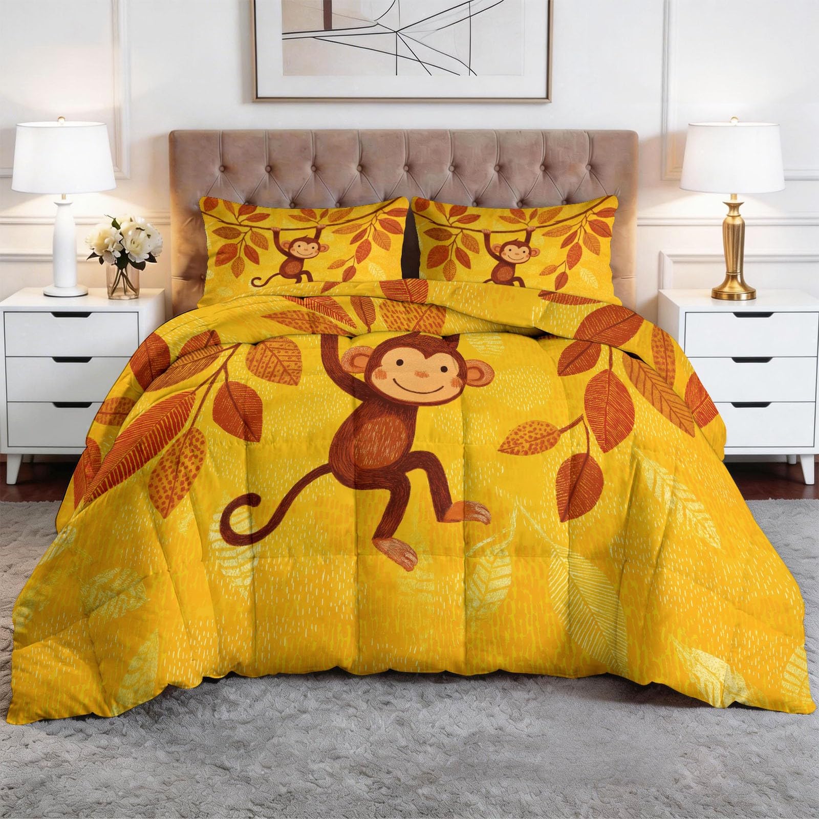 Bettdecke ohne Bezug 135 x 200 cm für Jungen Mädchen Kinder Babygeschenk, Waschbare Süß Natur Tiere Affe Ganzjahresdecke Steppdecke - Gelb Schlafdecke Sommerdecke Bedruckt für alle 4 Jahreszeiten