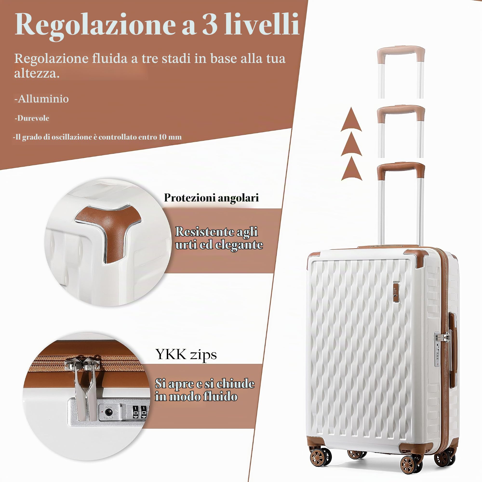 Sea choice Set di 3 Valigie ABS+PC Custodia Cosmetica Set di Valigie con Serratura TSA 4 Ruote Girevoli Set di Bagagli da Viaggio 4 pezzi (55cm/65cm/75cm)