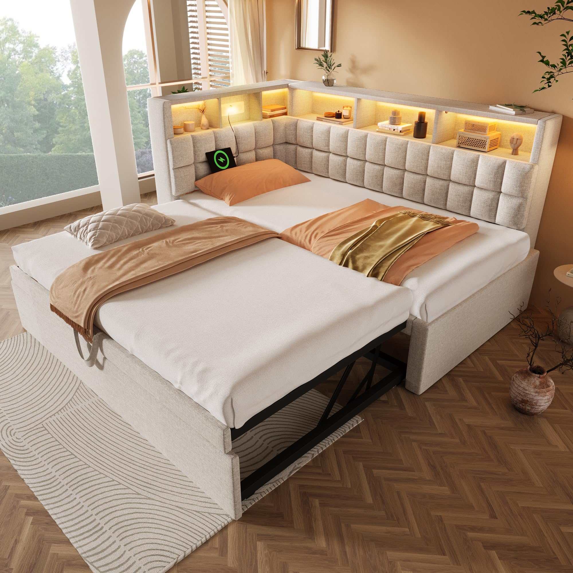 Letto imbottito, 90 x 200 cm, divano letto con LED, porta di ricarica USB e tipo C, altoparlante Bluetooth, testiera a L, con ripiano portaoggetti, in lino, senza materasso (beige, 90 x 200 cm)