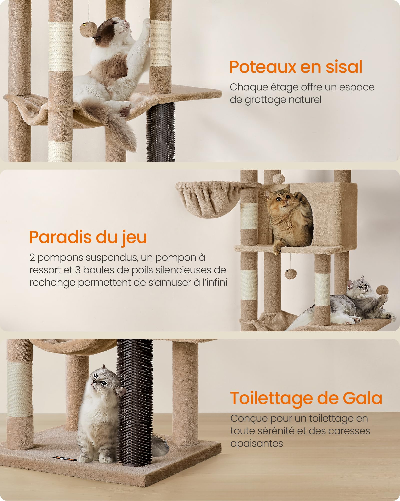 Feandrea Grand Arbre à Chat, Tour à Chat de 175 cm de Haut, Multi-Niveaux, avec 2 Niches, 2 Paniers, 5 Griffoirs, Toilettage Autonome, Perchoir, Hamac, Marron Camel PCT182K01
