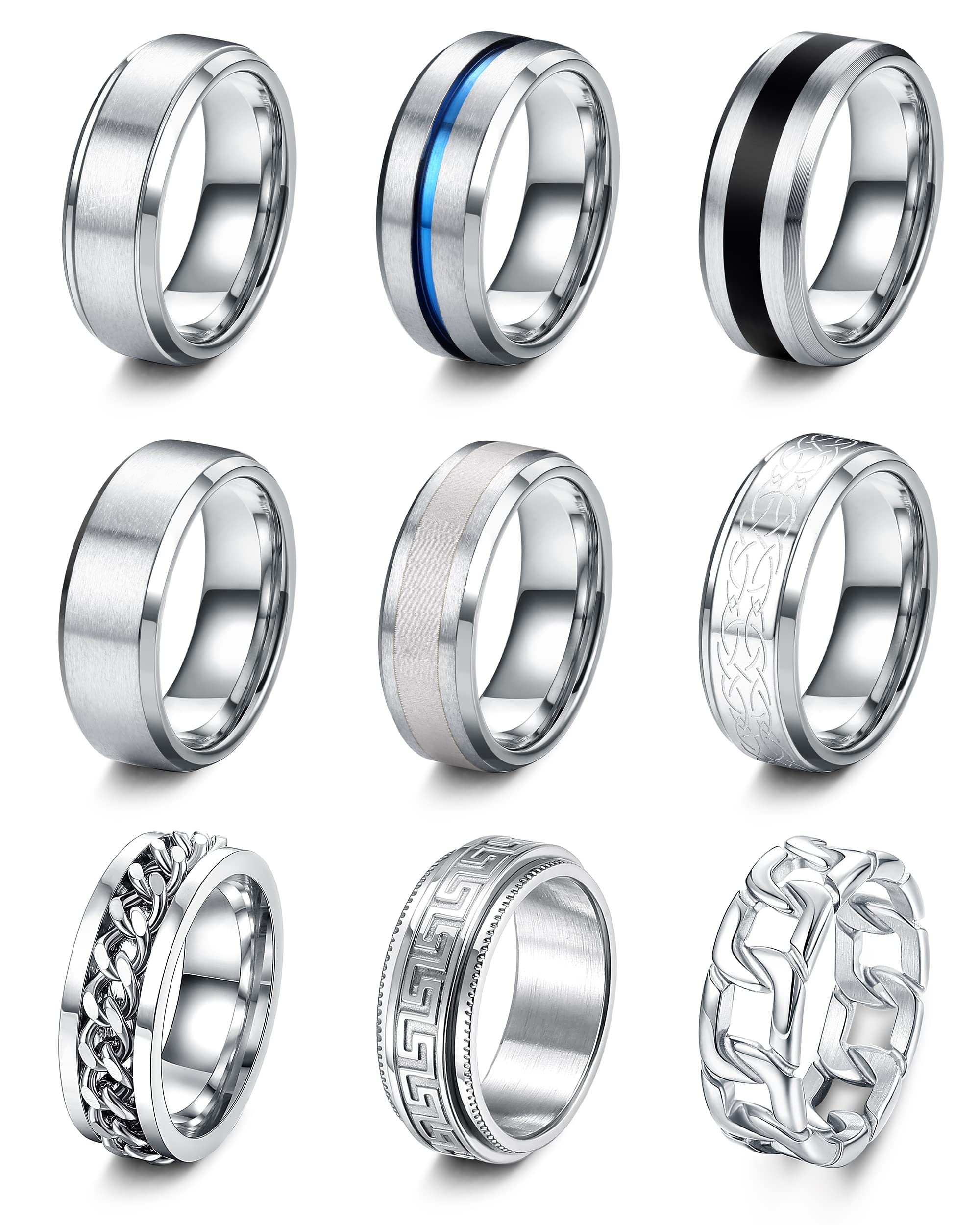 LOLIAS 9 Piezas Anillos Hombre Plata Acero Inoxidable Acabado Mate Anillo Cadena Banda Pulido Abrebotellas Anillos Alianzas Boda Anillo Compromiso Vintage Fidget Anillo para Hombre Mujere