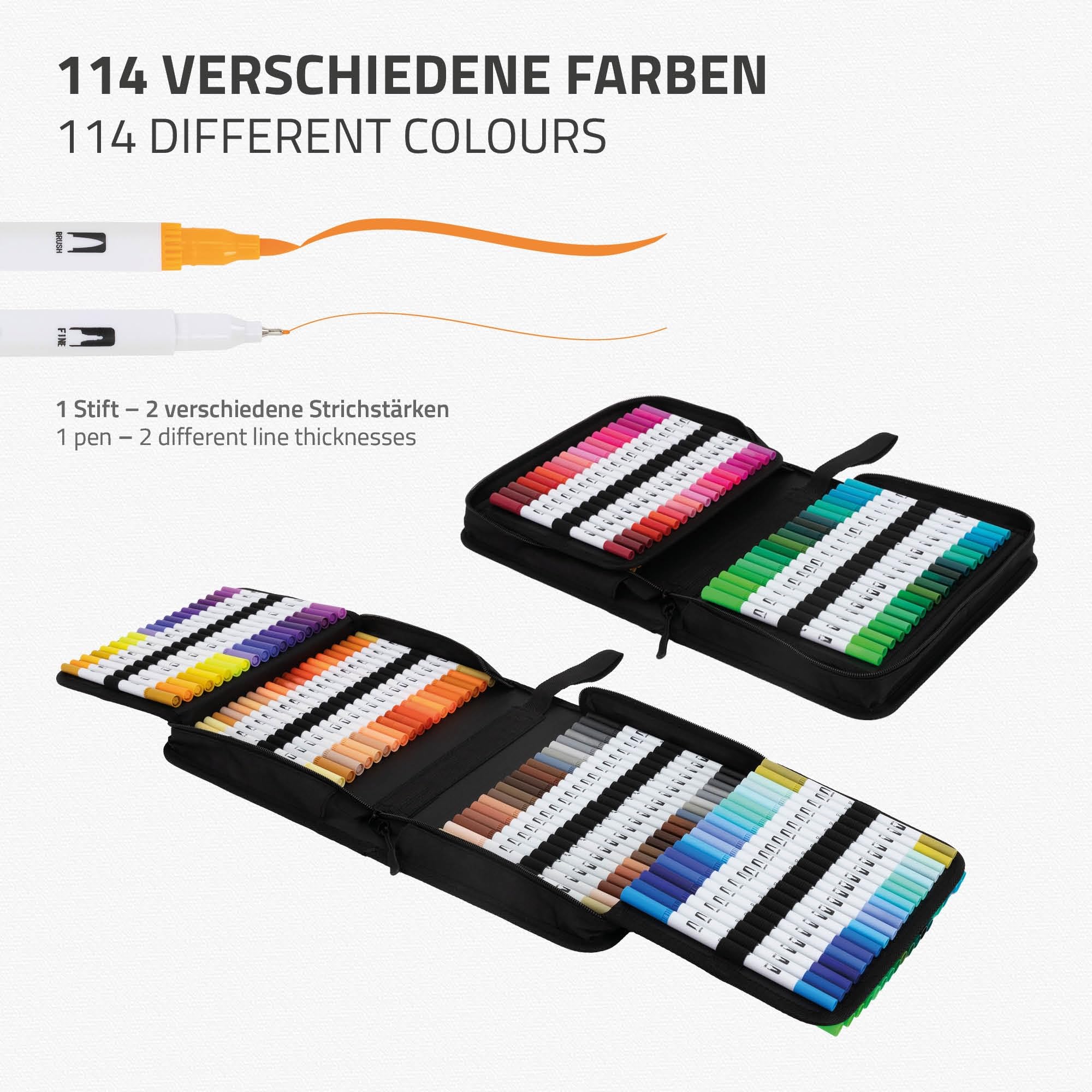 ECD Germany Juego de 120 Rotuladores Finos y Gruesos para Niños y Adultos Doble Pincel con Base de Agua para Caligrafía y Manga Set de Dibujo y Pintura Profesional en Estuche portátil con Cremallera