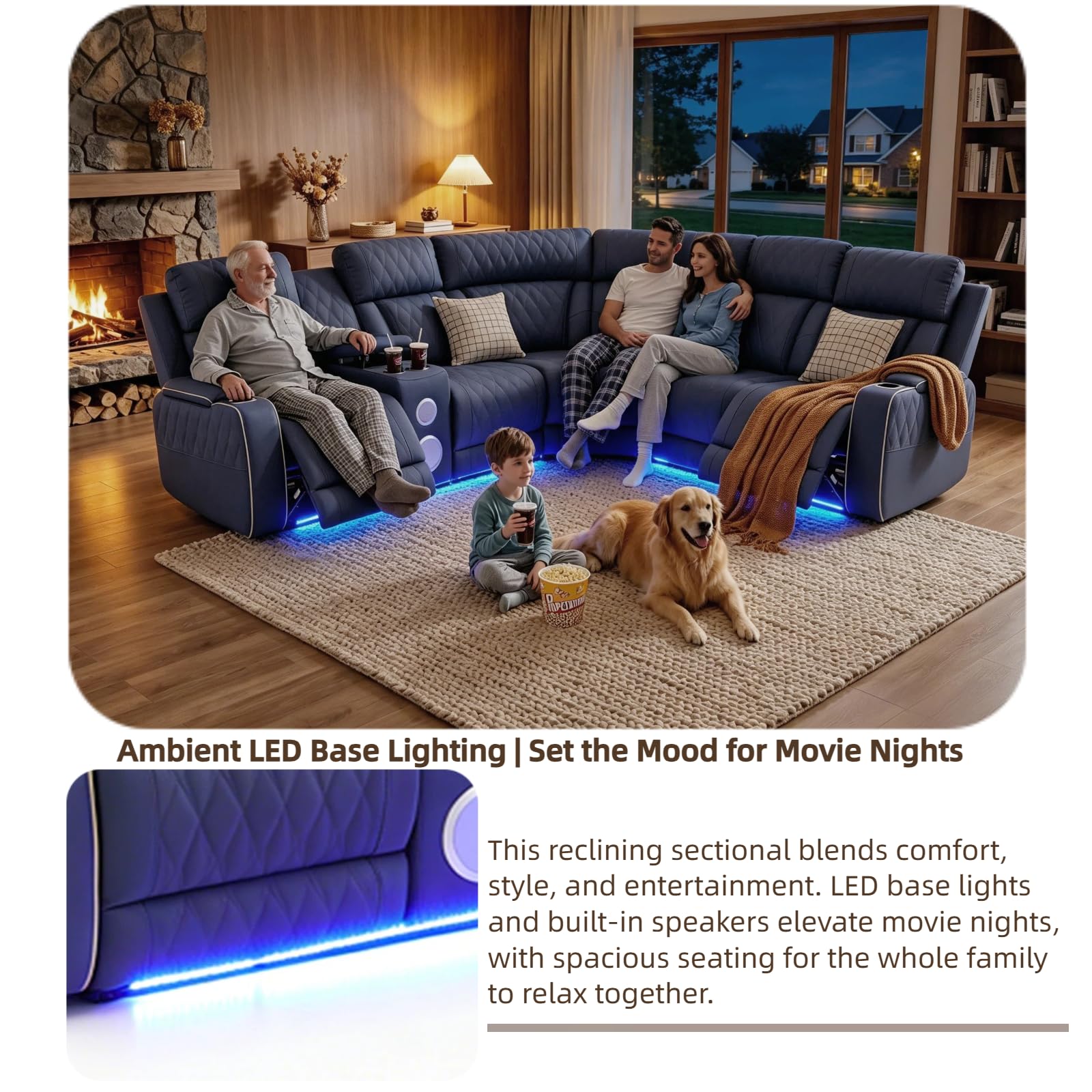 Power Reclining Sectional Sofa Set with Speakers, L-Shaped Sanded Leather Recliner Sectional Couch with USB Ports, Cup Holders & Storage, Luxury Living Room Furniture Set for Home and Office view 7