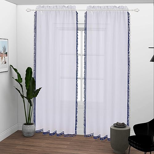 Miniatura 7 de LUSHLEAF Cortinas transparentes con borlas para sala de estar, 52 x 72 pulgadas de largo, azul marino, panel de cortina de privacidad y filtrado de