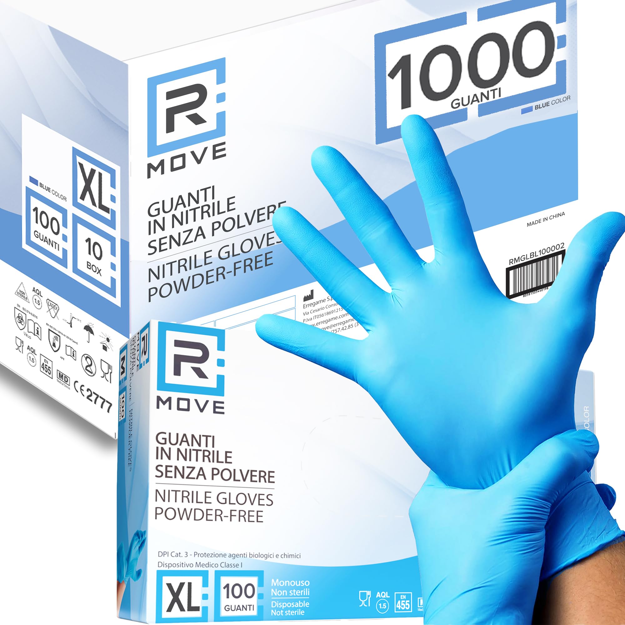 R MOVE 1000 guantes de nitrilo sin polvo, sin látex, hipoalergénicos, certificados CE según EN455, guantes médicos desechables (Talla XL)