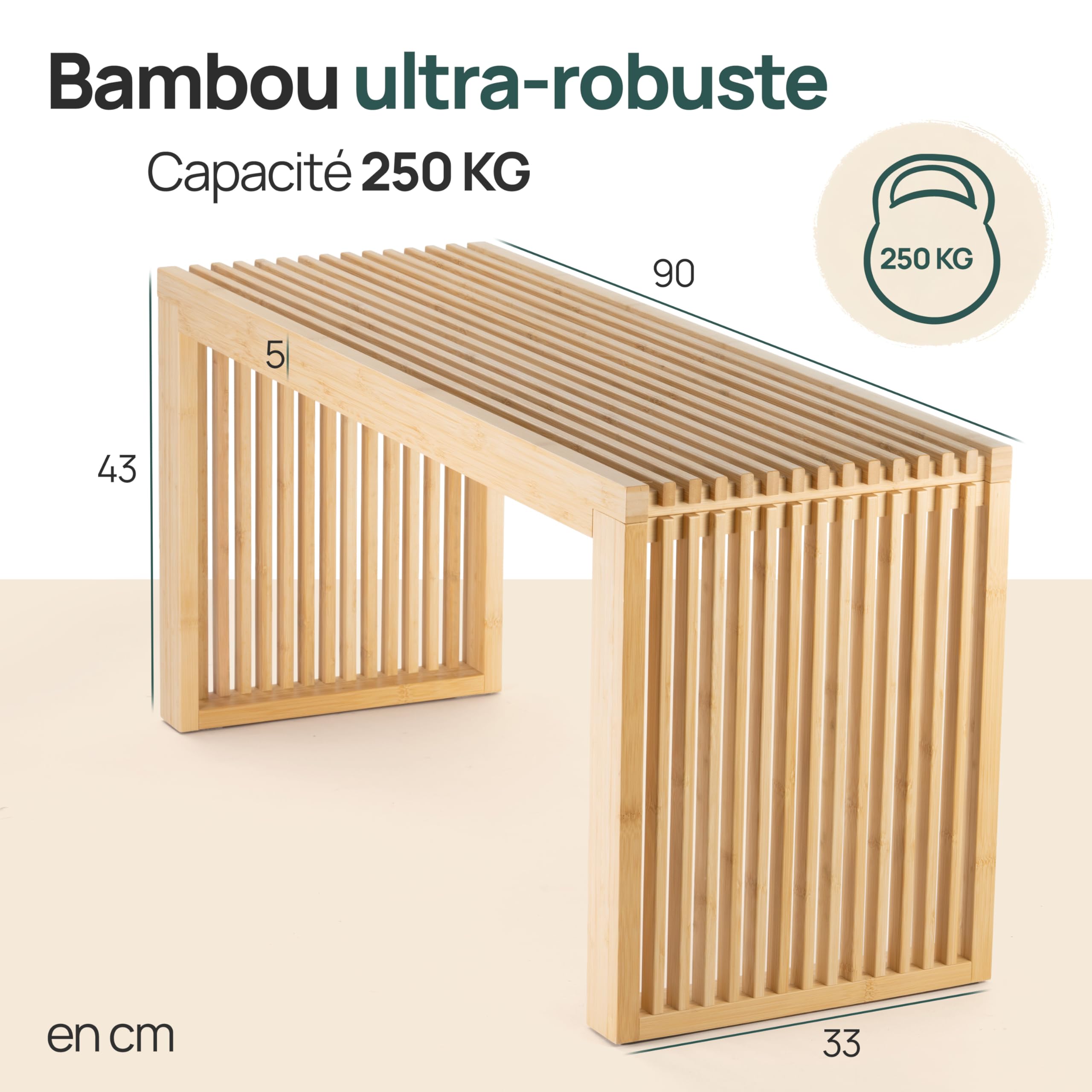 Banc Entree - Banc Bois Interieur - Bench - Banquette Entree en Bambou | BAM BOO BOX Banc Table à Manger 90x33x43cm - Petit Banc en Bois pour Salon, Chambre, Cuisine, Dressing, et Entrée