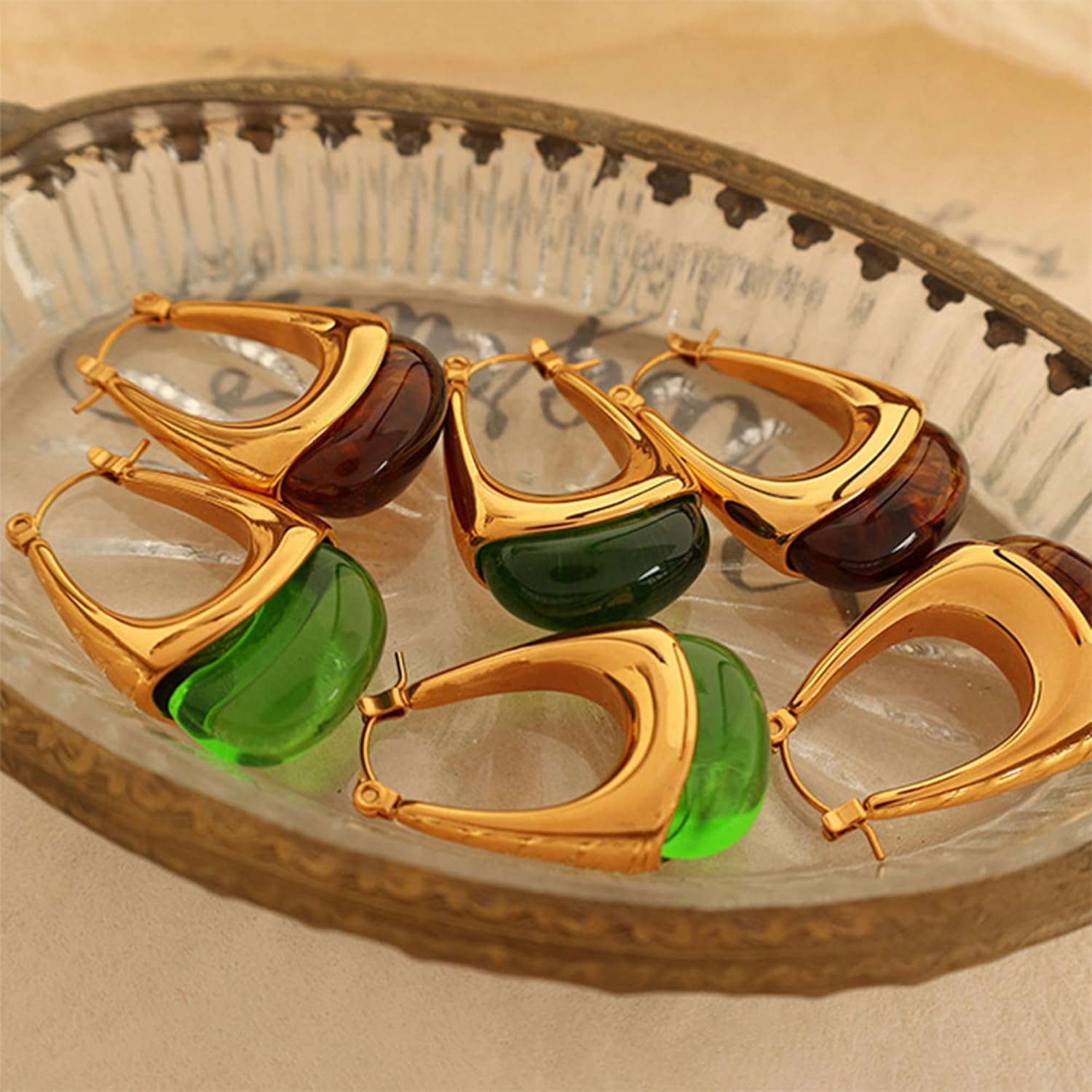 Chunky Gold Boho Hoop Dangle Earrings for Women 18K Gold Plated Hypoallergenic Vintage Stainless Steel Resin Drop Prom Earrings Summer Prom Maximalist Jewelry Gift - Image 7