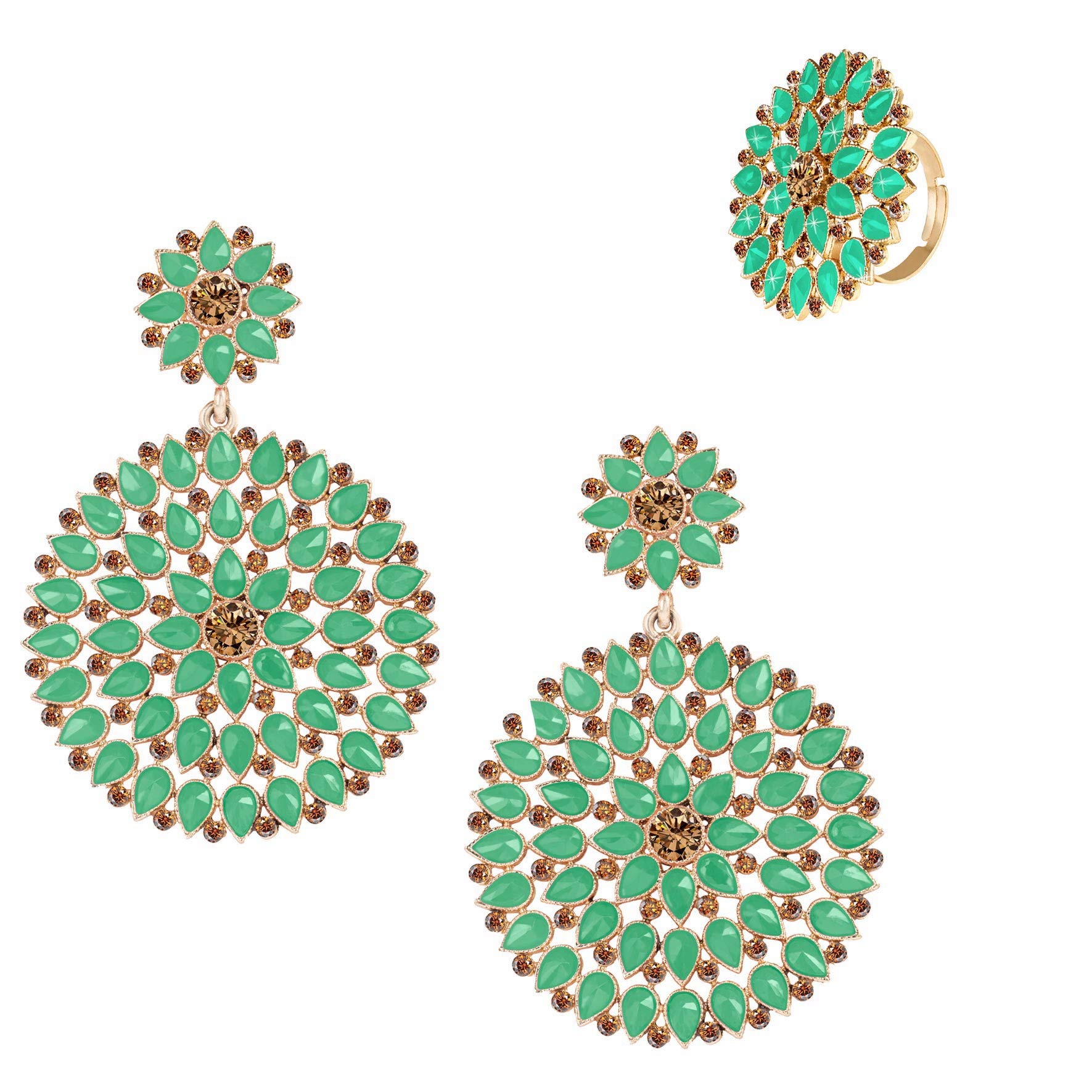 JFL - Jewellery for Less womens Fashion Floral Gold Tone Cz LCD Diamond Combo of Earring and Adjustable Finger Ring (Peacock Green),Valentine (B08YNSJNCC) Amazon Price History, Amazon Price Tracker
