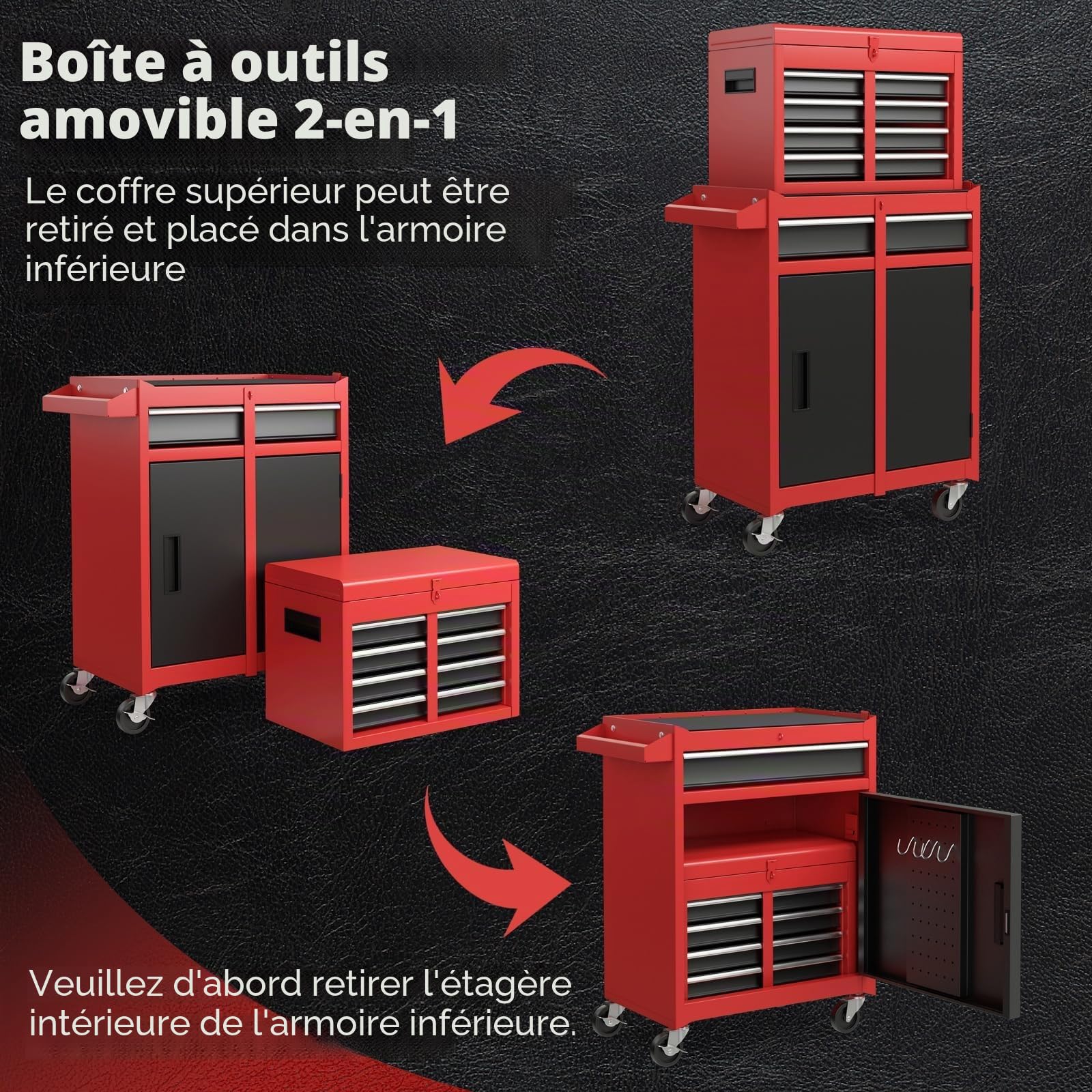 FANTASK Chariot d'atelier verrouillable sur Roues - Servante à Outils Professionnelle 2 en 1 avec Mallette et 8 Compartiments, Crochets et étagère réglable - 59 x 28 x 102 cm - Rouge
