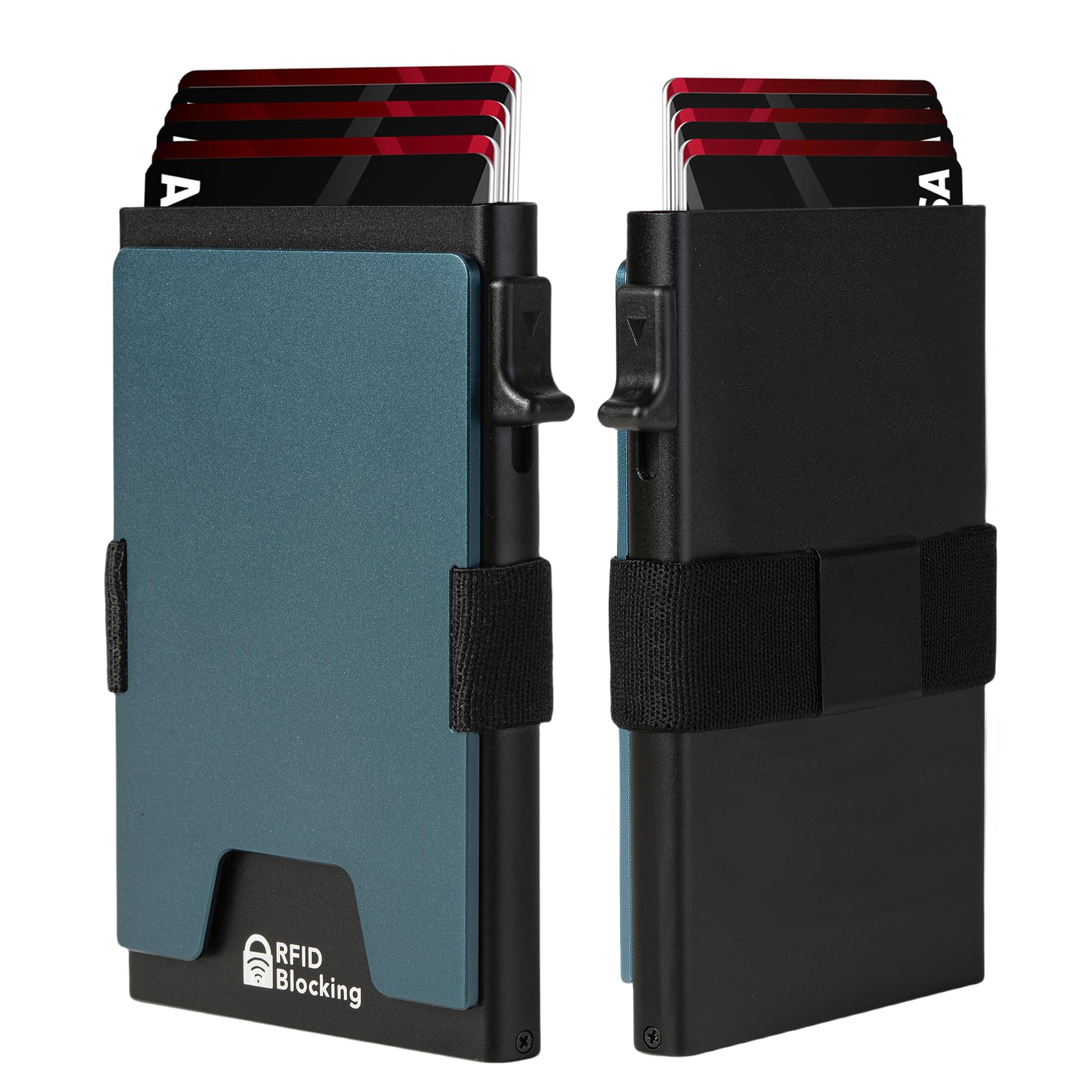 GOLRIDI Minimalist Mens Card Holder Wallet, RFID Blocking Slim Smart Pop Up Aluminum Wallet,Holds 12+ Cards,Expandable Compact Plate,Cash Strap/Money