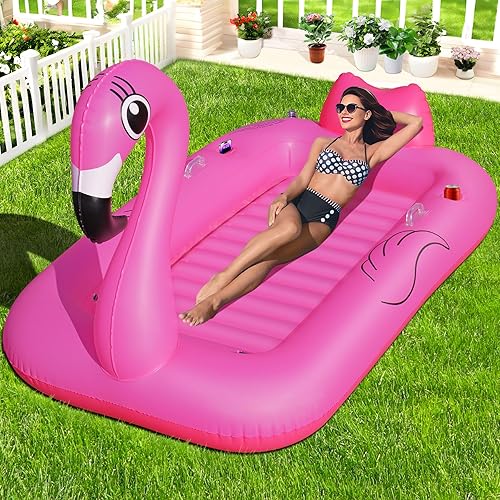 Flotador inflable de flamenco para piscina, flotadores grandes de color rosa para tomar el sol 2025 para adultos con portavasos y soportes para