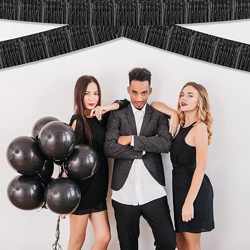Miniatura 4 de Paquete de 10 guirnaldas de flecos de papel de aluminio negro de 10 pies con serpentinas metálicas de oropel para colgar en la pared, telón de fondo