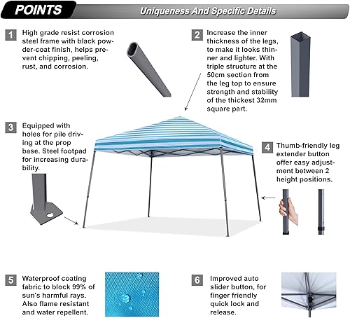 Miniatura 4 de ABCCANOPY - Toldo autodesplegable y estable para exteriores, base de 10 x 10 pies, parte superior de 8 x 8 pies, franjas azul cielo