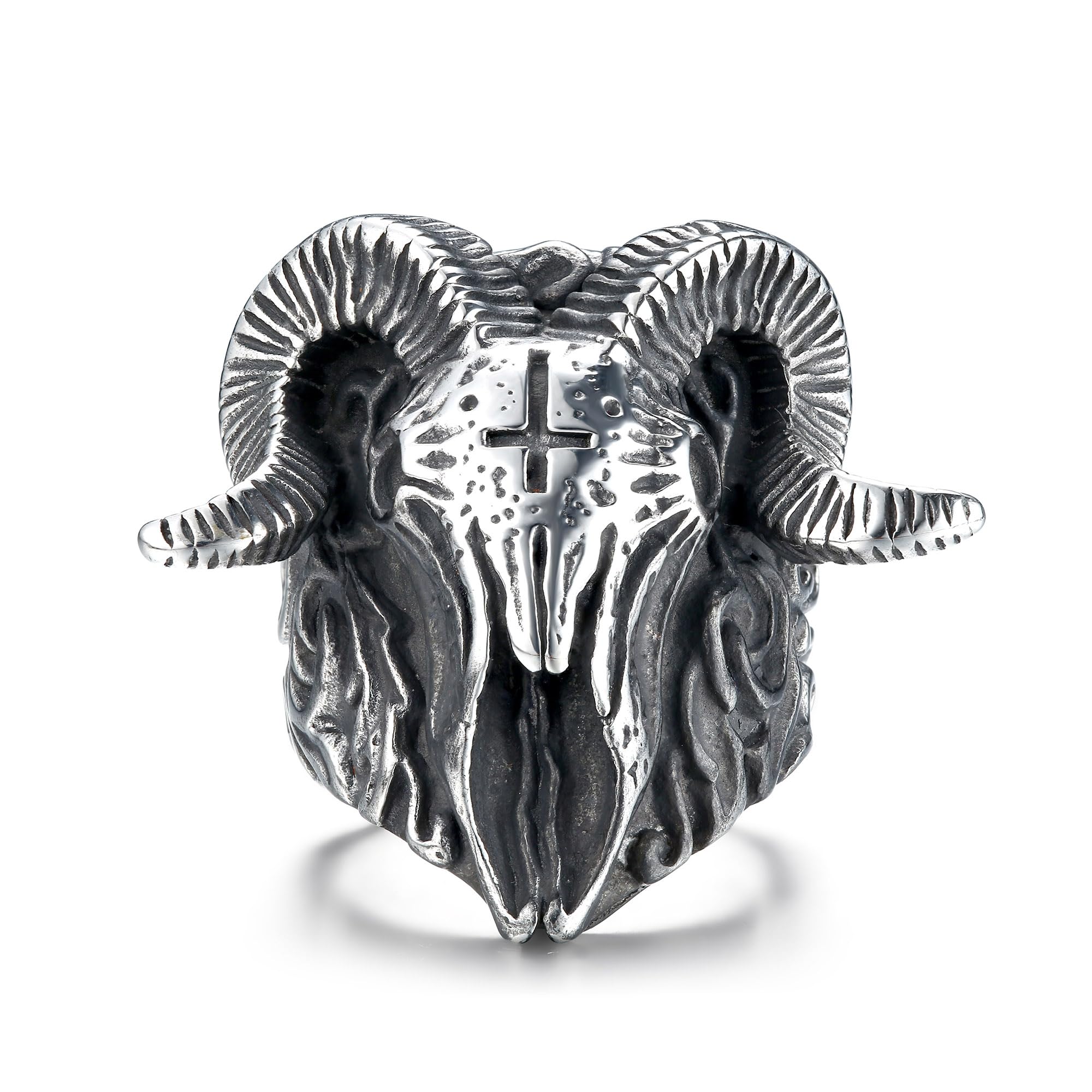 GTHIC Anillos acero inoxidable con calavera y oveja Satán para hombres, anillos góticos anticruz, demonio, cabeza de cabra, anillos Punk Baphomet, joyería de tamaño 7-16