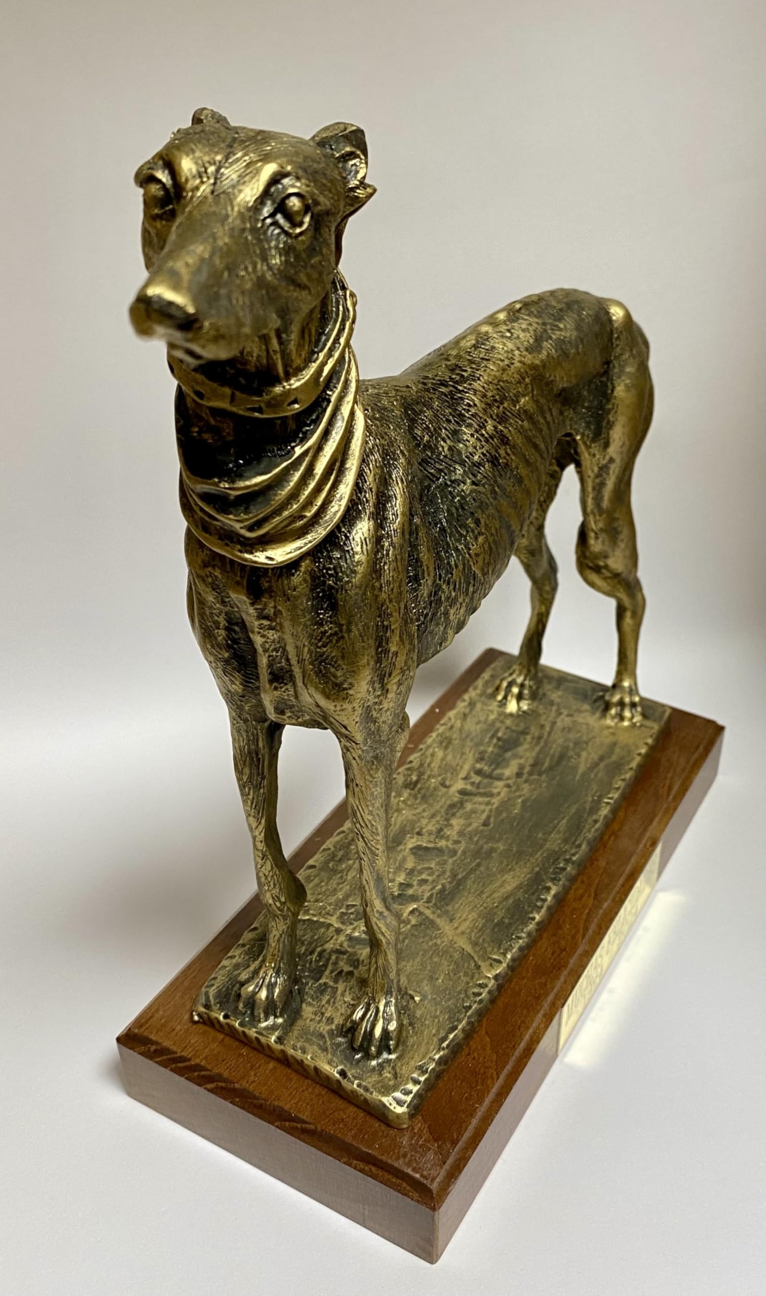 Figura Galgo GRABADA Escultura Personalizada con Nombre Perro de Resina Dorada y pena de Madera