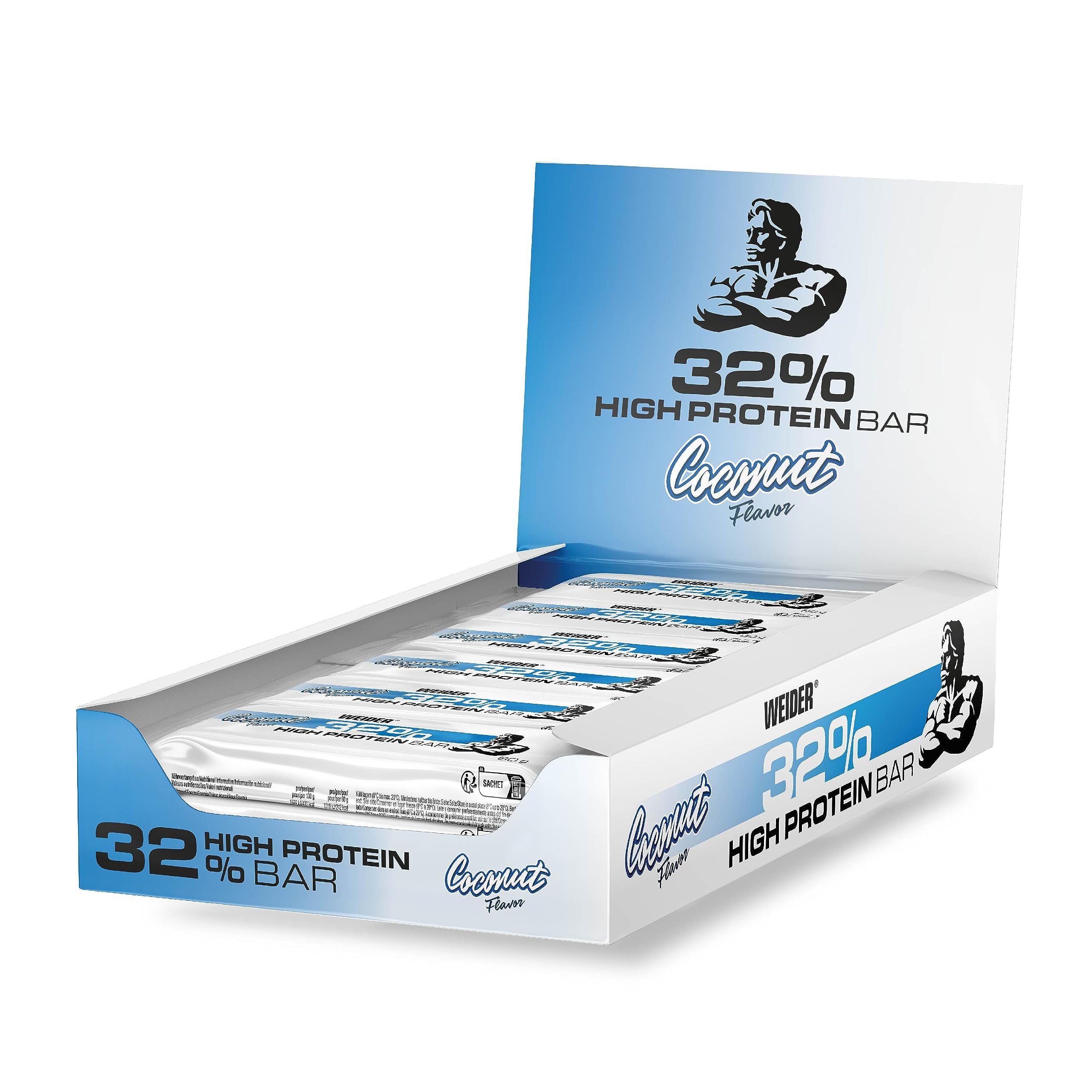 Weider 32% High Protein Bar (12x60g) Coconut Flavour, Chocolate Coated Bar with High Protein Content, Muscle Building and Maintenance Support, Ideal Before or After Training, Delicious Tastes