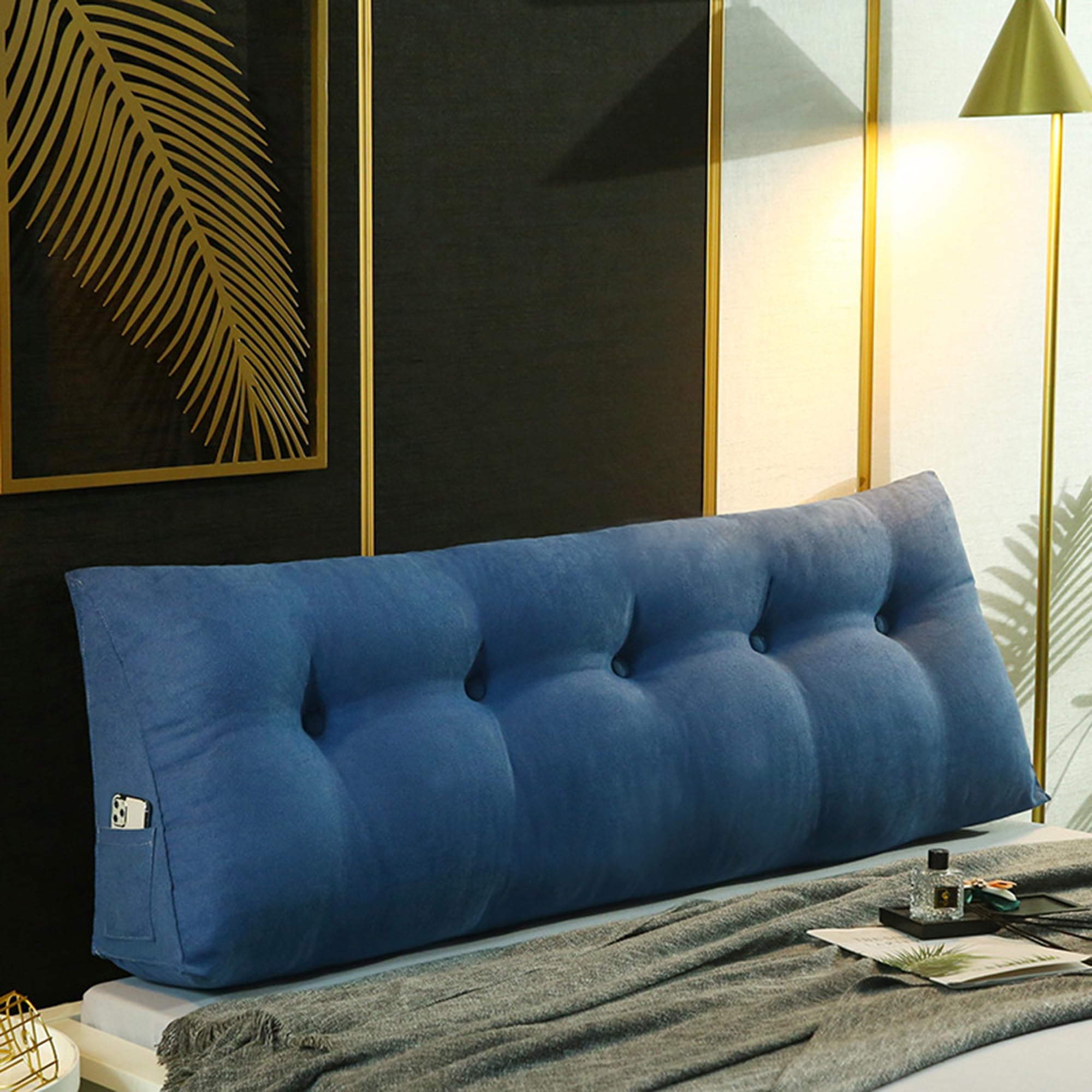 Cojín triangular para respaldo, almohada de lectura, almohada lumbar con soporte lumbar para sofá cama, ventana de bahía, color azul marino, 200 x 50 x 20 cm