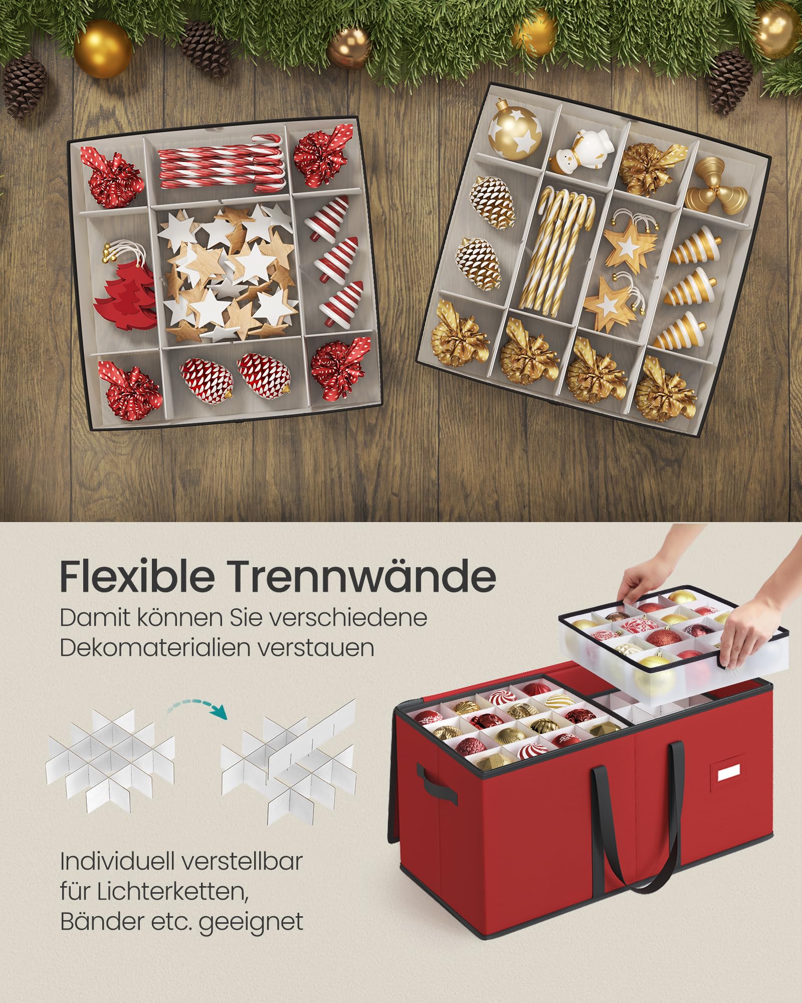 SONGMICS Aufbewahrungsbox für Weihnachtskugeln, mit Deckel, 8 Tabletts | Weihnachtskugeln Aufbewahrung, Doppelreißverschluss, 600D Oxford-Gewebe, 128 Fächer je 7,6 cm, TYLA Kollektion RFB043R01