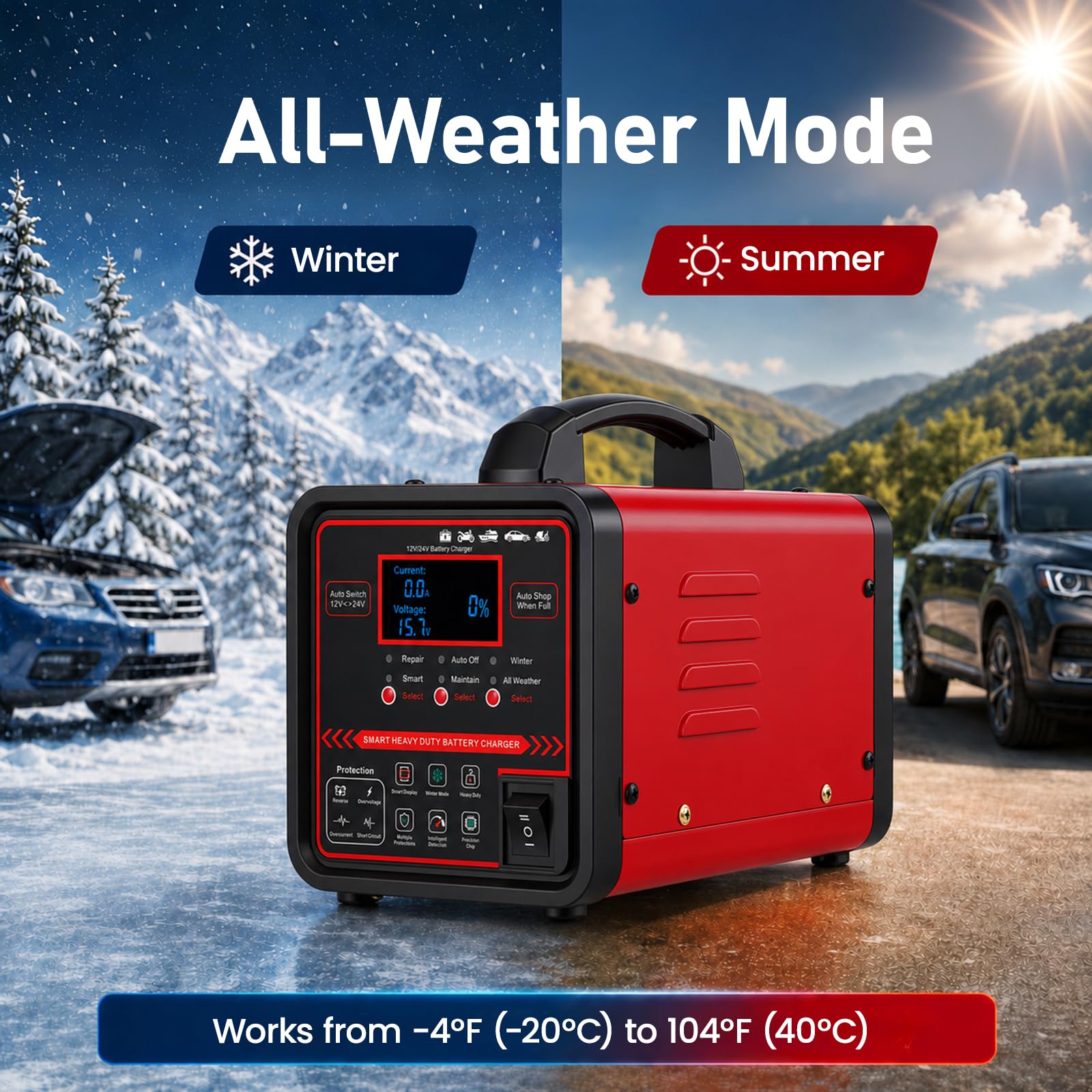 Cargador de batería de coche de 12 V, 24 V, dispositivo de mantenimiento de batería de 0-15 A con apagado automático, reparación y modo de invierno, cargador inteligente de mantenimiento para coche