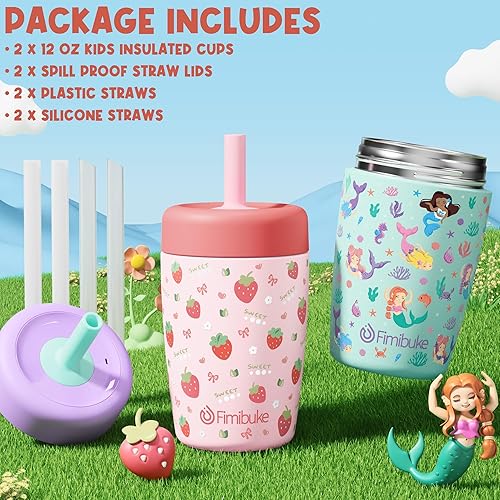 Miniatura 8 de Fimibuke Vasos para niños y niños pequeños, a prueba de derrames, 12 onzas, con aislamiento, para niños y niñas, sin BPA, botella de agua para niños