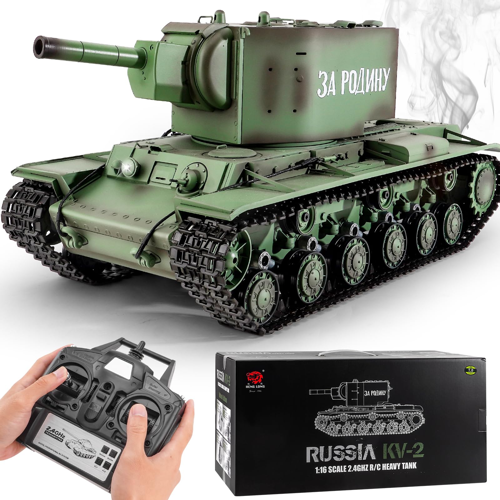 BESTYMXY RC Tanks Heng Long Russia KV-2 Heavy Tank, 1/16 2.4ghz Russian Tank Model That Shoots, Remote Control Tank Vehicles with Sound & Light for Ages 14+