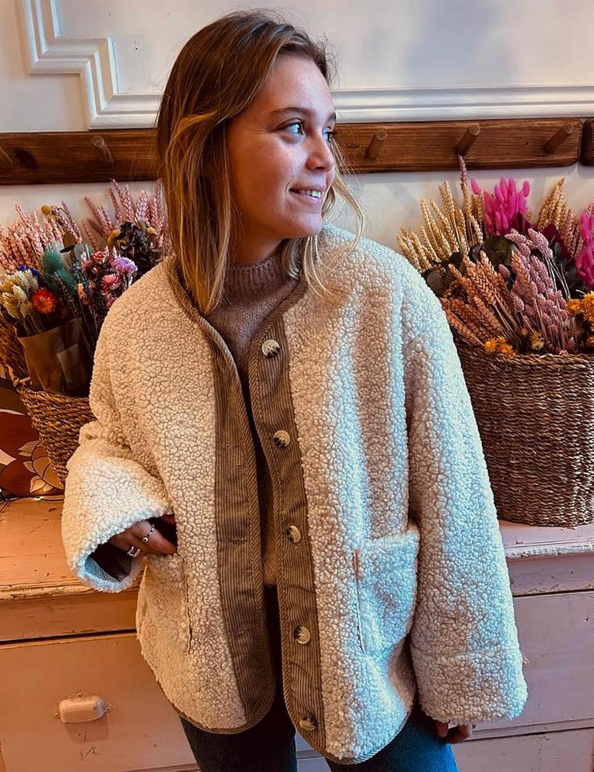 Kissonic Womens Fuzzy Sherpa Fleece Jackets Button Down Long Sleeve Corduroy Patchwork Outwear with Pockets - Image 5