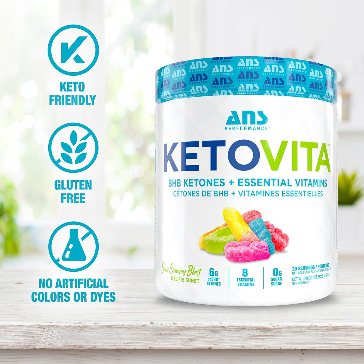 ANS Performance Ketovita Supplement Beta-Hydroxybutyrate Ketones Drink Powder with Zero Sugar and 30 Servings, Boosts Metabolism, Sour Gummy