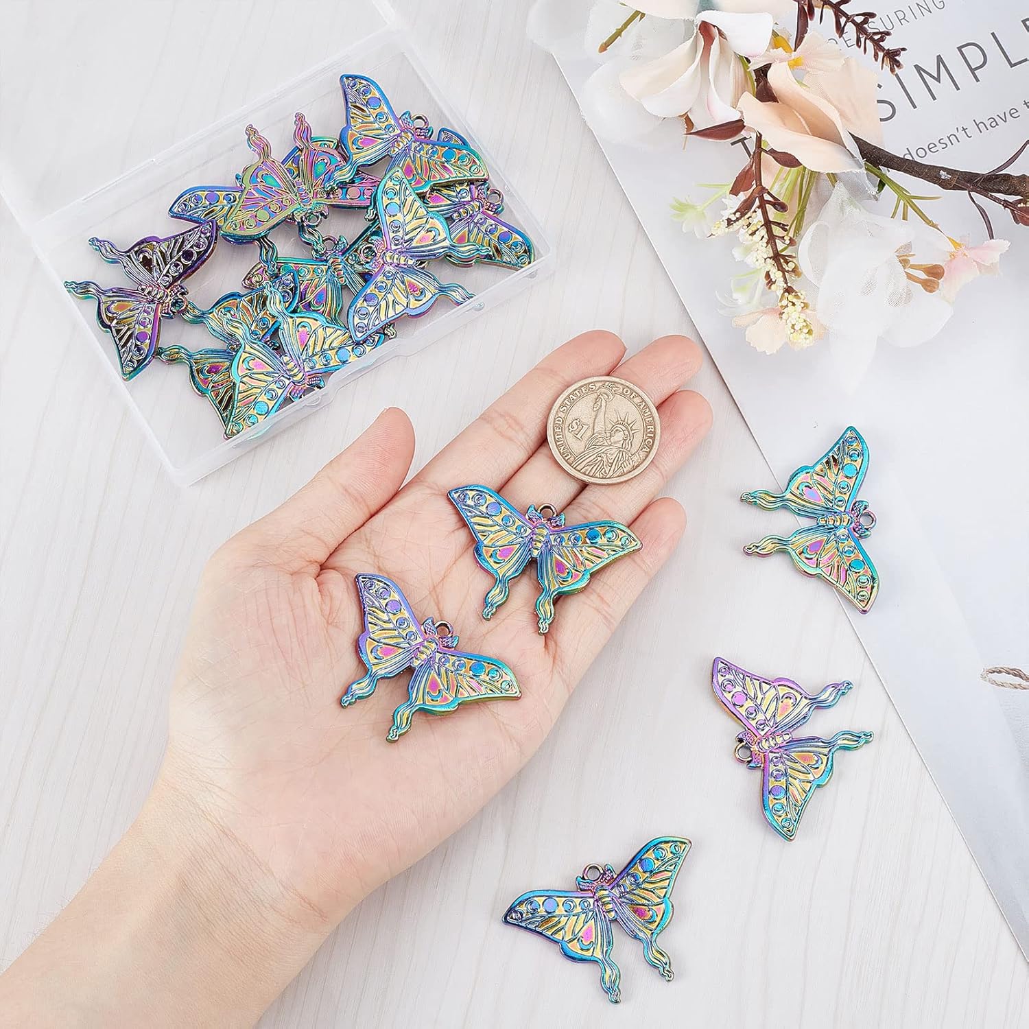 SUNNYCLUE 1 Box 20Pcs Butterfly Charms Gothic Style Moth Large Butterflies Rainbow Color Wings Big Wing Charm Moon Phase Crescent Colorful Animal Pendants for Jewelry Making DIY Craft - Image 3
