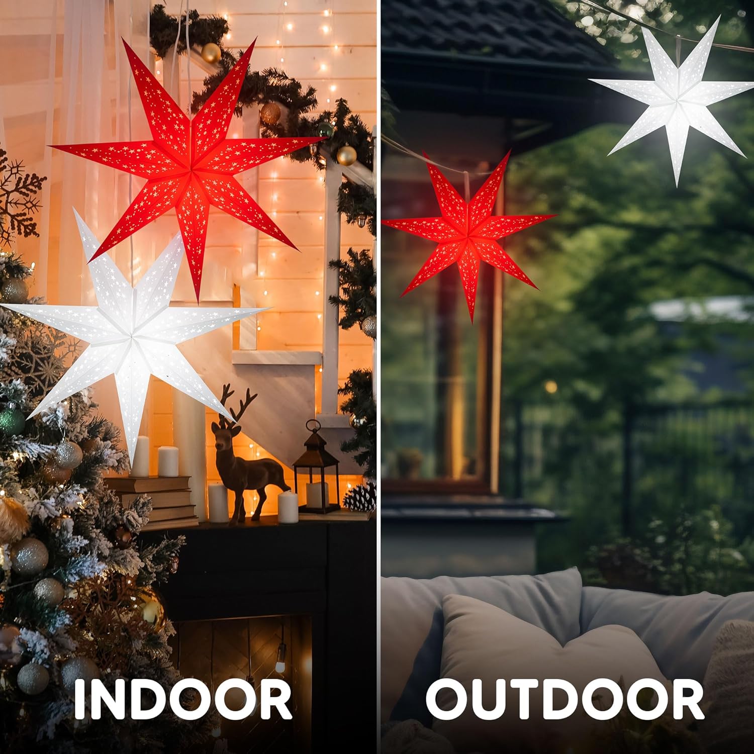 GalaxyArts Paper Star Lanterns, 24 Inch Naxatra (White Medium) Light Up Hollow Out 7 Pointed Star Hanging Lamp Decoration for Wedding Holiday Birthday Party Christmas Celebration Indoor Outdoor Décor