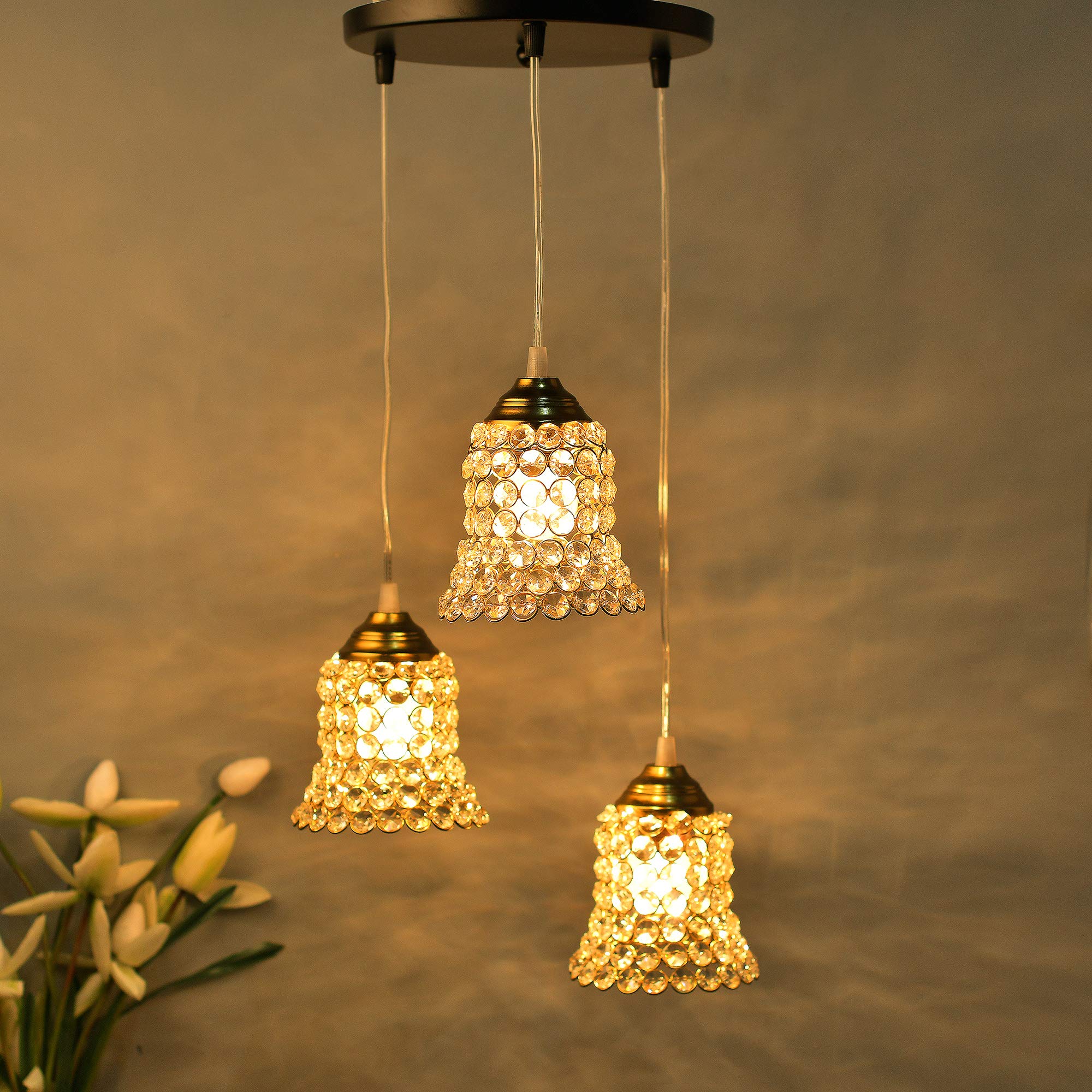 3-Lights Round Golden Cluster Chandelier Crystal Bell Hanging Light, E27 Holder, Decorative, Urban Retro, Nordic Style, LED/Filament Bulb