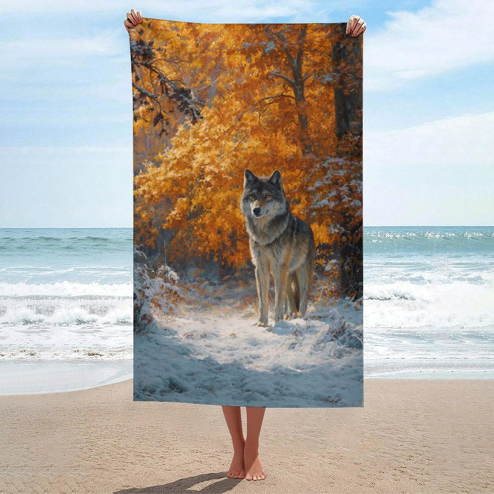 asbwuo Majestic Wolf Winter Snowy Beach Towel