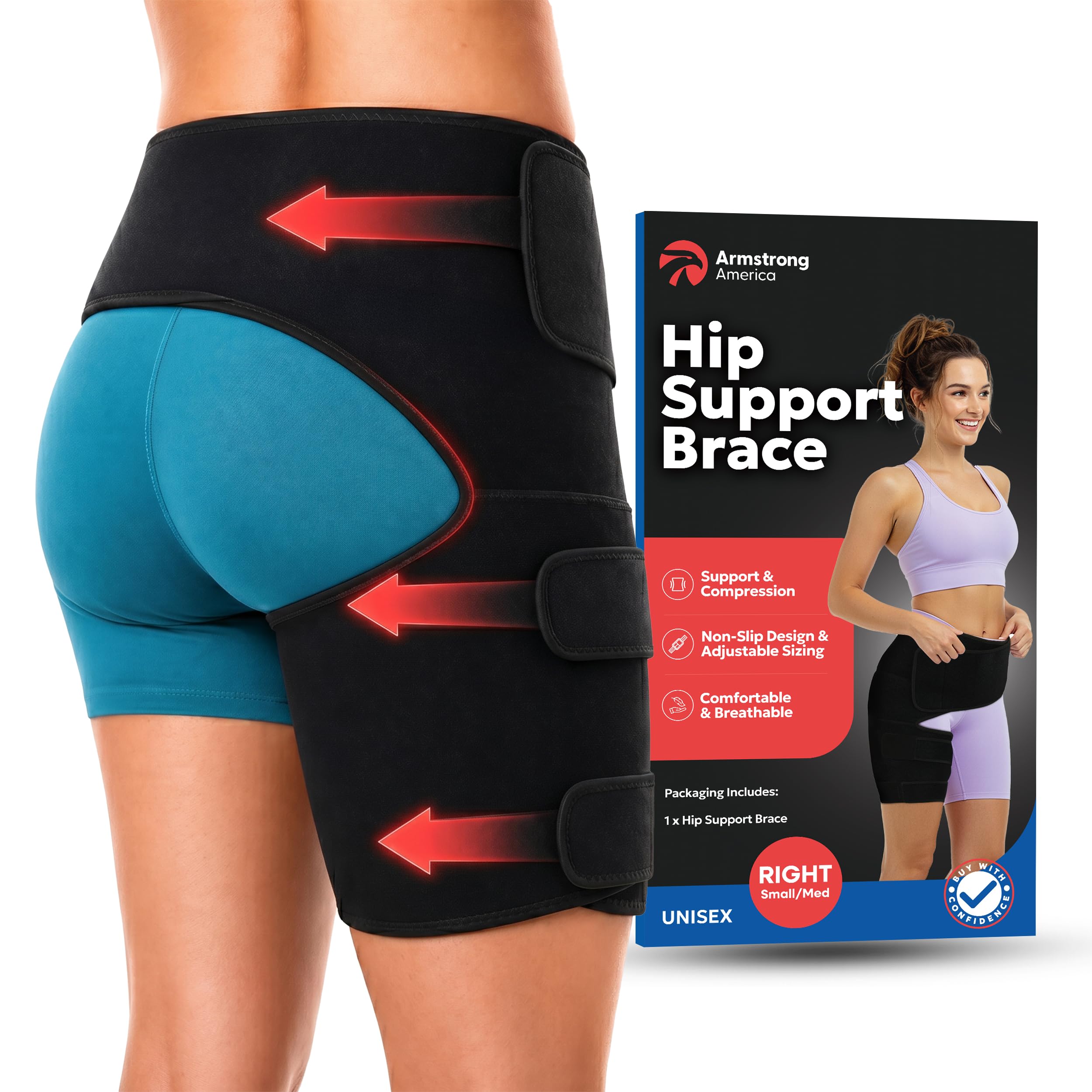 ARMSTRONG AMERICA Hip Brace For Women &amp; Men - Groin Strain Compression Wrap for Hamstring, Hip Flexor, Sciatcica Pain Relief - Hamstring &amp; Hip Support Thigh Compression Sleeve - SMALL/RIGHT LEG