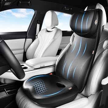Coverado Car Seat Cushion and One Piece Lumbar Support Headrest Pillow, Adjustable Velcro Design Car Neck Pillow, Ergonomic Memory Foam Car Back Support Driving Seat Cushion for Back Pain Relief,Black