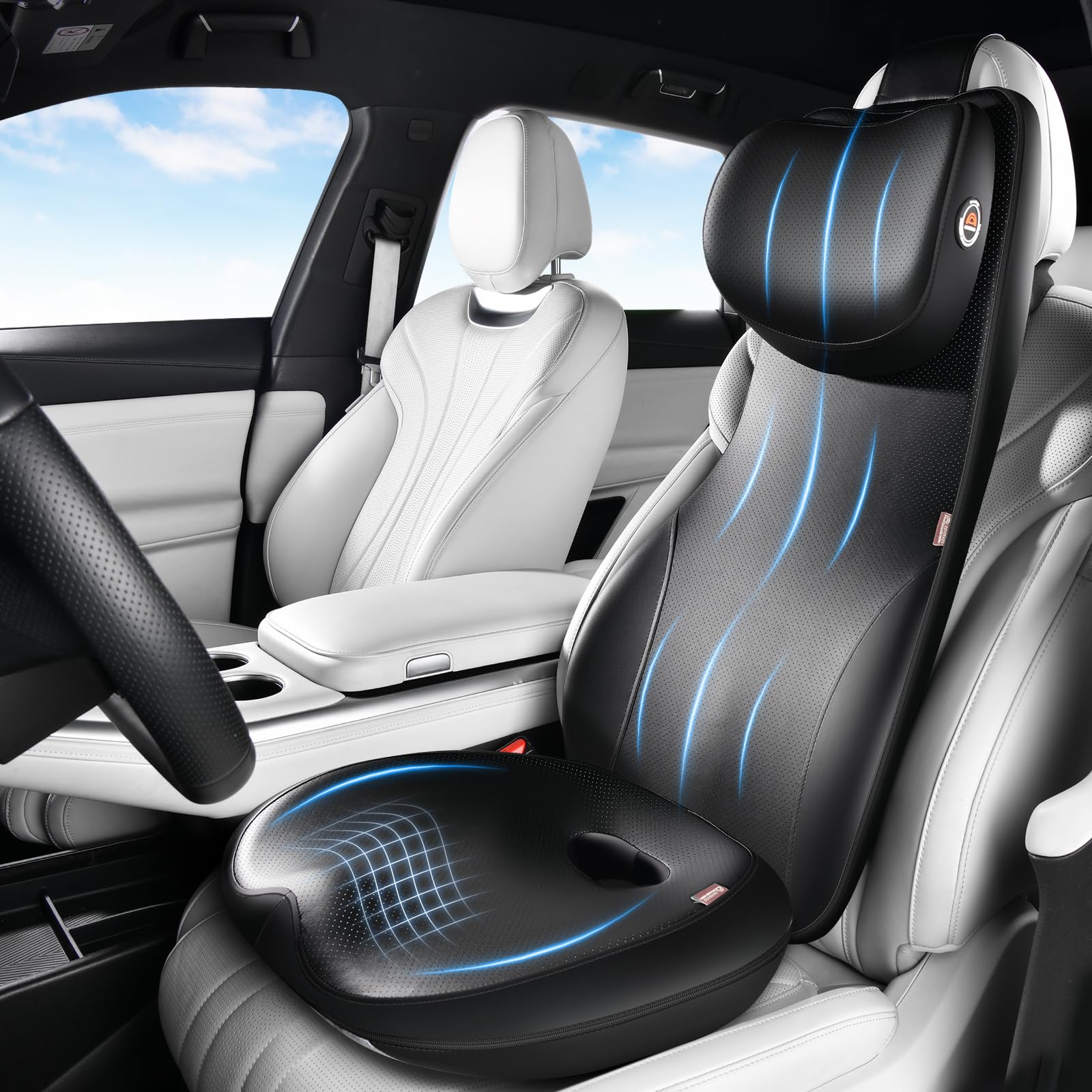 Coverado Car Seat Cushion and One Piece Lumbar Support Headrest Pillow, Adjustable Velcro Design Car Neck Pillow, Ergonomic Memory Foam Car Back Support Driving Seat Cushion for Back Pain Relief,Black