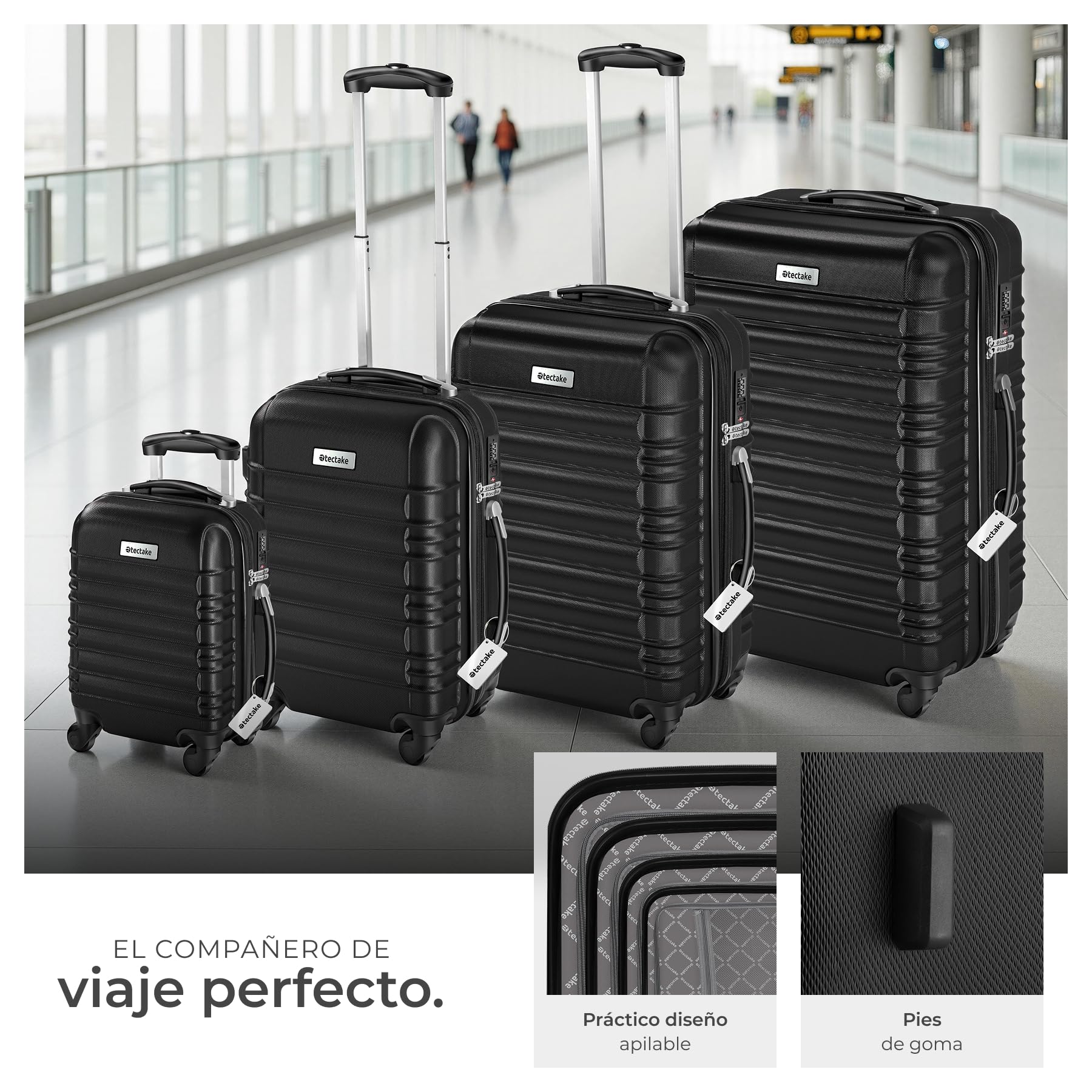 tectake® Juego de 4 Maletas Rígidas en ABS, con Báscula y Etiquetas de Equipaje, Set de Maletas de Viaje con Ruedas de 360º y Asa Telescópica, Cerradura de Combinación, Apilables Entre sí - Negro