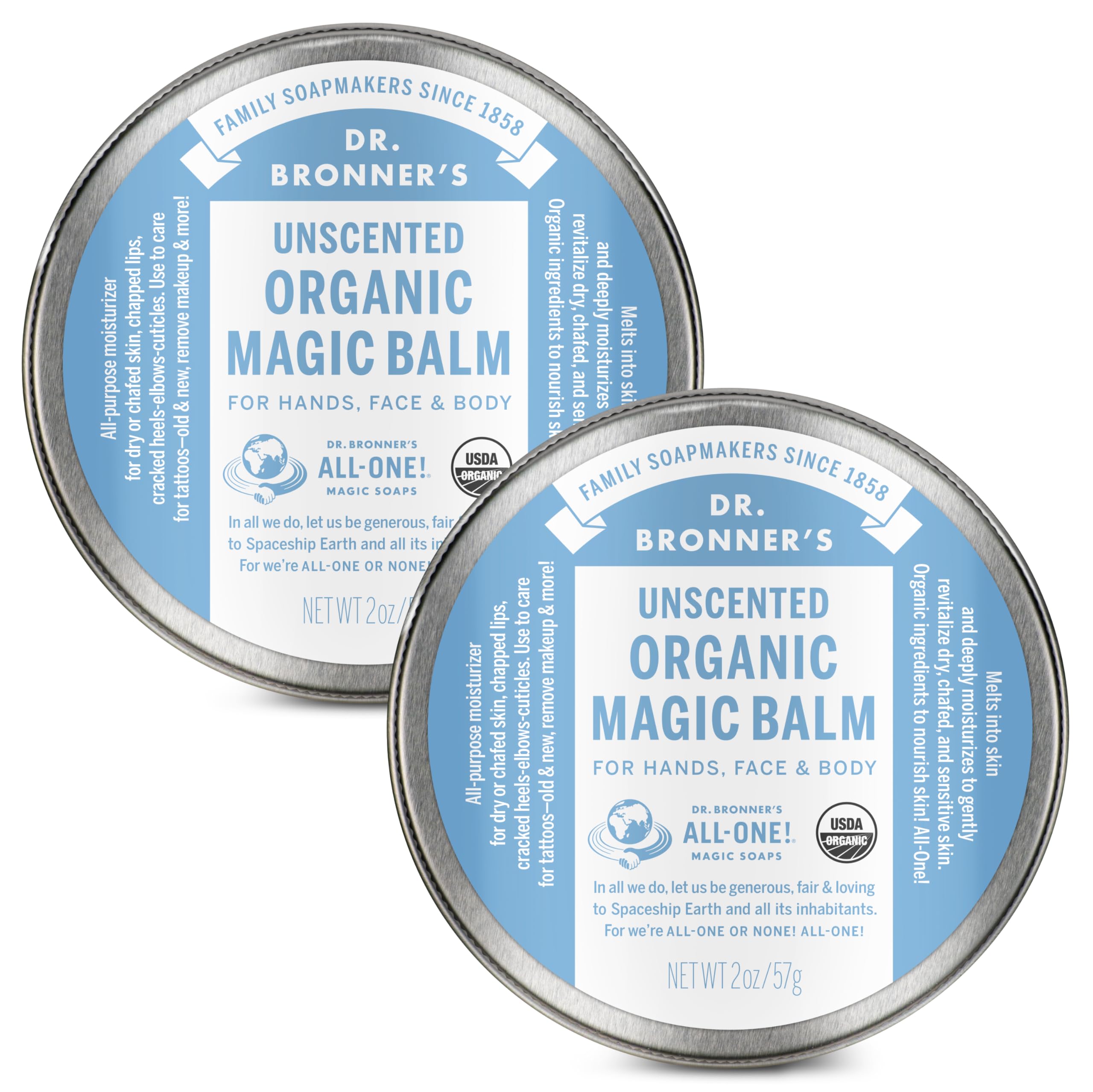 Dr. Bronner's - Organic Magic Balm - Baby Unscented, Made with Organic Beeswax & Hemp Oil, Moisturizes & Soothes Hands, Face & Body (2 oz, 2-Pack)