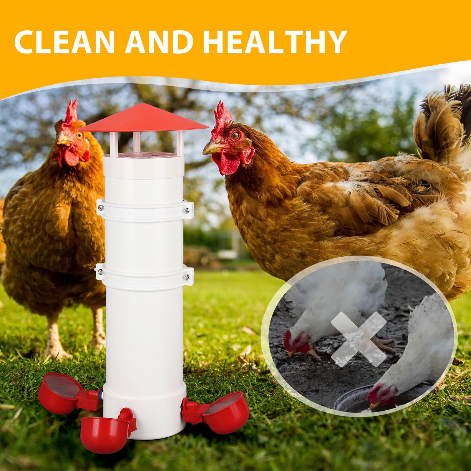 DEALSCHIC Automatic Chicken Waterer, 2 Gallon, Twin, 3 Gravity-Feed Drinking Cups, Indoor/Outdoor Coop, Poultry Water Dispenser (3 Drinking Cups - 1 PCS, 0.9 Gallon)