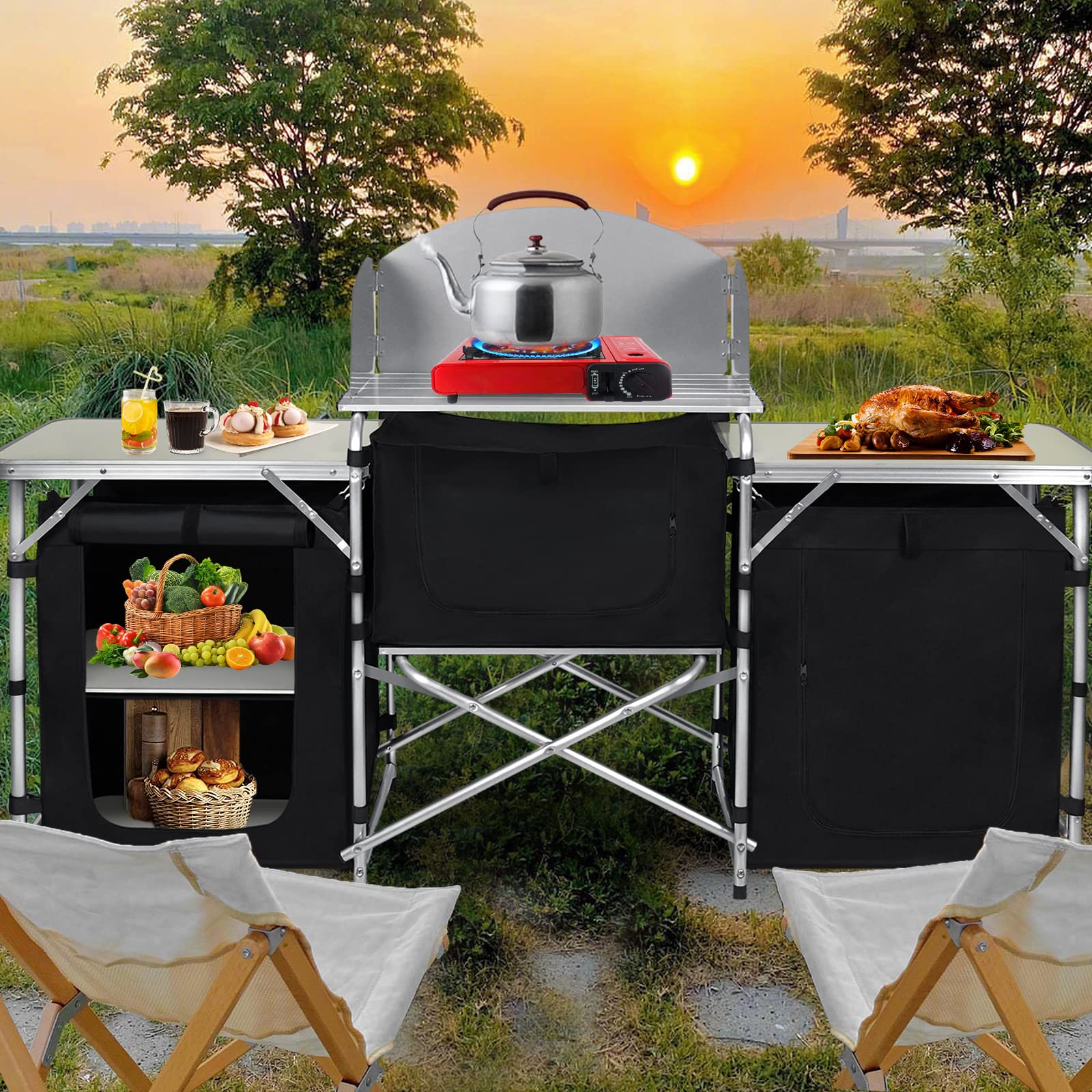 LARS360 Armoire de Camping Pliable avec Cadre en Aluminium, casier de Rangement, Plateau de Table, avec Sac de Transport, pour Pique-Nique, Camping, fête en Plein air (5 Compartiments et 3 Table)