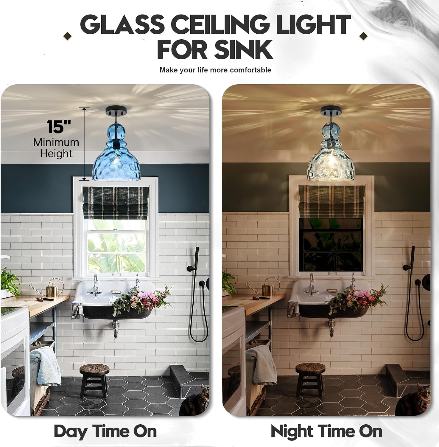 Coastal Pendant Light Blue Hammered Glass Kitchen Island Lights 12in Large Pendant Hanging Light for Dining Room Kitchen Sink Hallway Entrance, E26