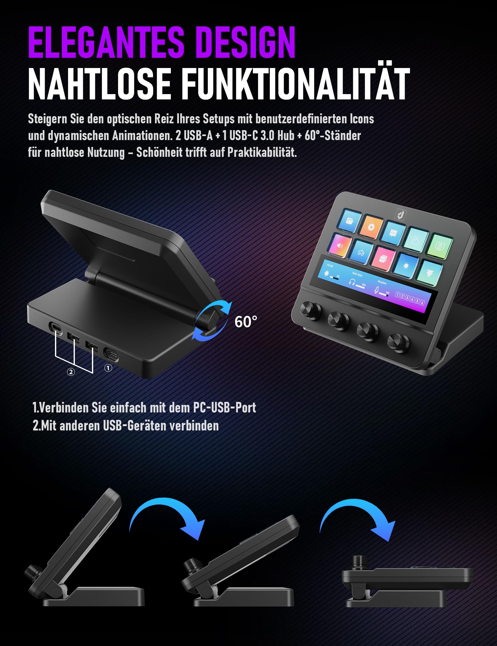 upHere Stream-Controller Makro-Pad Stream-Console–10 programmierbare LCD-Tasten & 4 Knöpfe,Touch Strip,USB MIDI Tastatur für Content-Creator,Gamer & Fachkräfte,kompatibel mit PC,Mac,CMN4EK