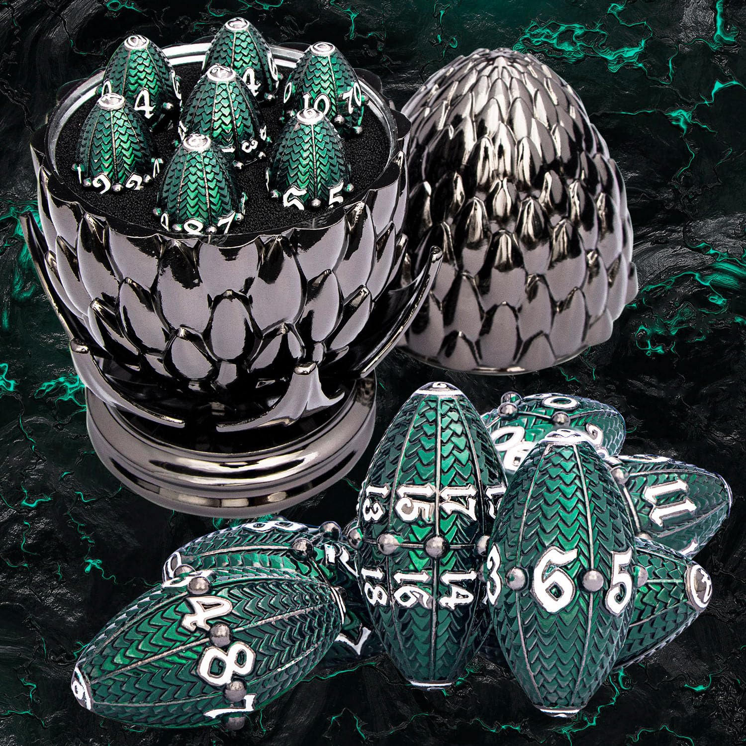 ARUOHHA DND Metal Dragons Dice Black Green Dragon Egg Dice with Rotating Dragon Egg Shell, Role Playing Game RPG Dungeons Polyhedral D and D Dice Set D20 D12 D10 D8 D6 D4