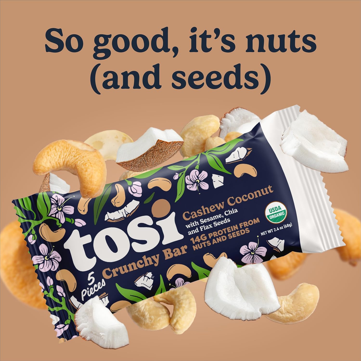 Tosi Meal Nut Bars, Cashew Coconut, Healthy Snacks for Adults & Kids, Crunchy Plant Based Protein Bar (14G), Keto Snacks, Vegan, Gluten & Soy Free, Low Sugar, Omega 3s, 2.4oz, 12-Pack
