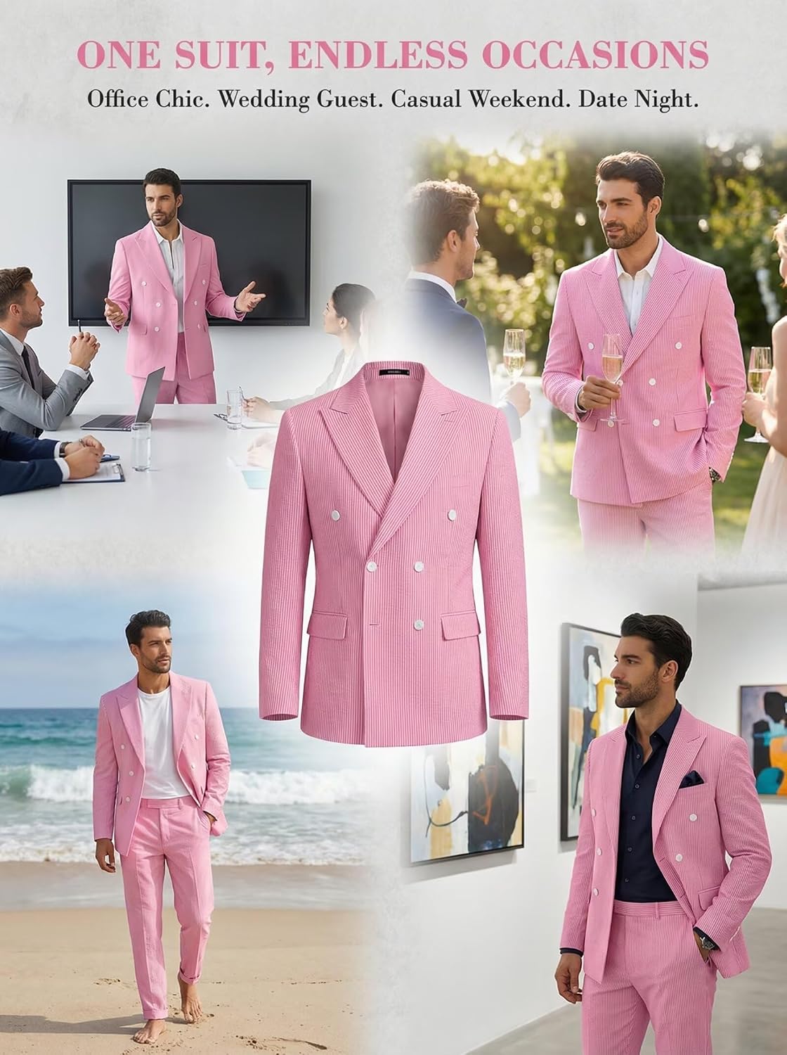 High-End Suits Men's Striped Seersucker Suits 2 Piece Slim Fit Wedding Double Breasted Tuxedo Summer Beach Suits Sets
