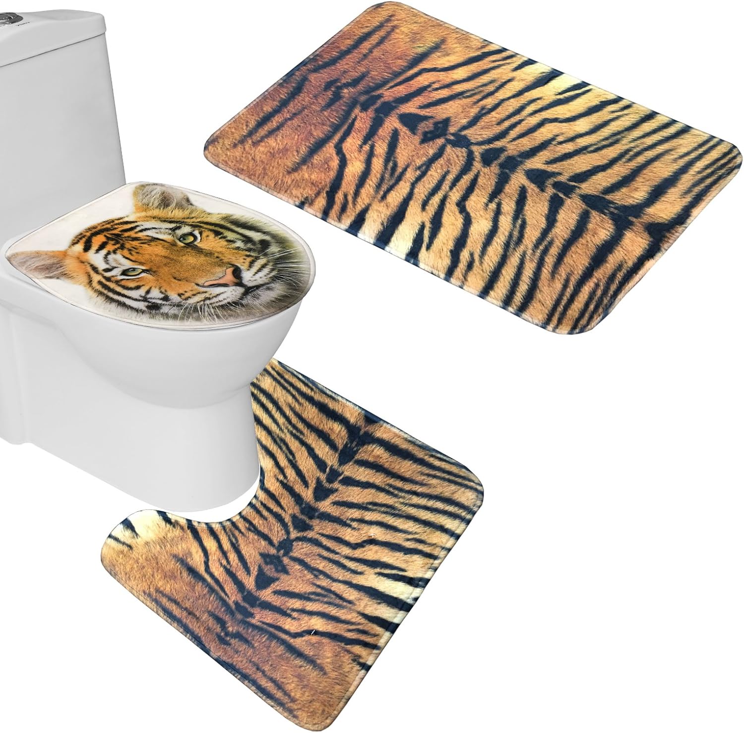 Tiger Animal Pattern Bath Mat Set 3 Piece Bathroom Mat Rug Lid Toilet Cover (Tiger)