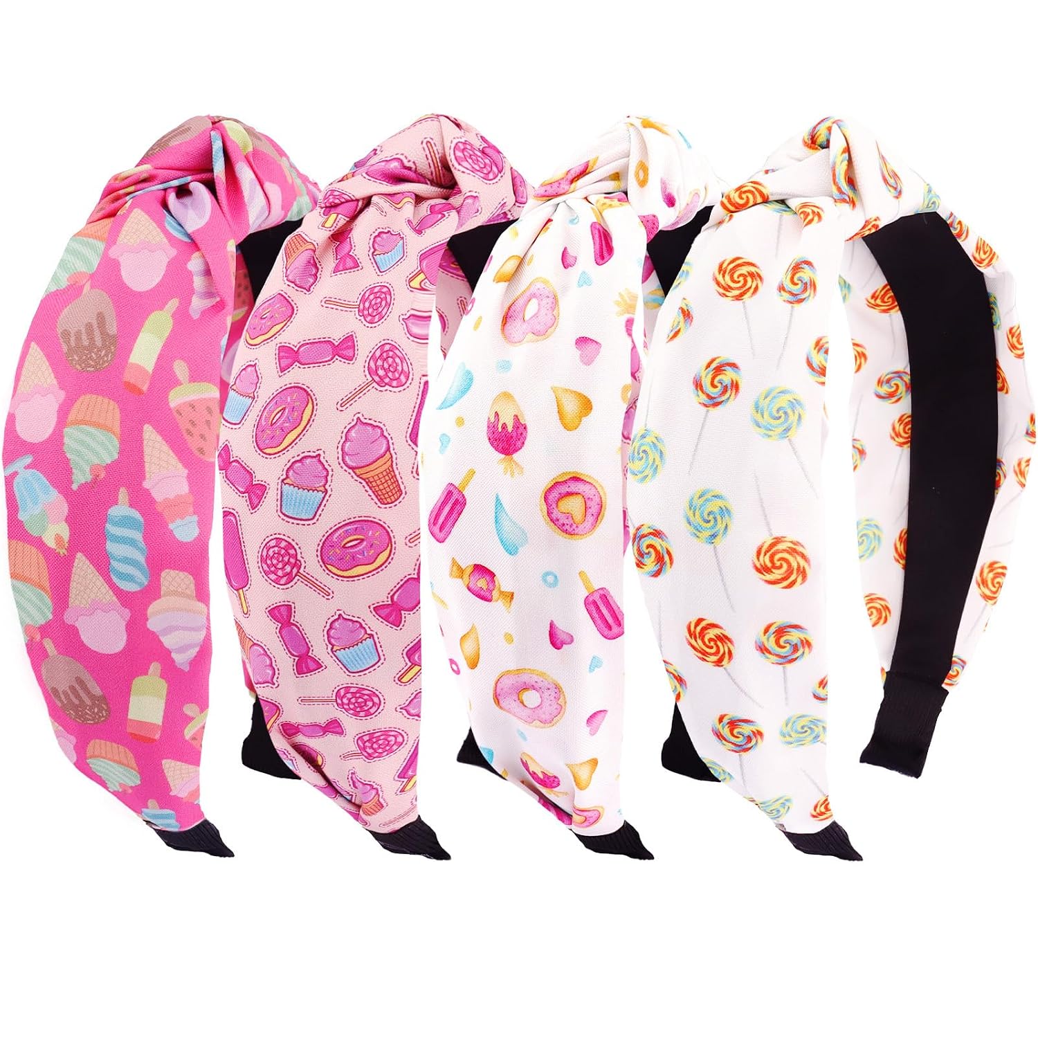KICOSY 4PCS Candy & Ice Cream Knotted Headbands - Sweet Treat Print Hair Hoops for Daily Styling, Festival, Photo Shoot & Gift Giving