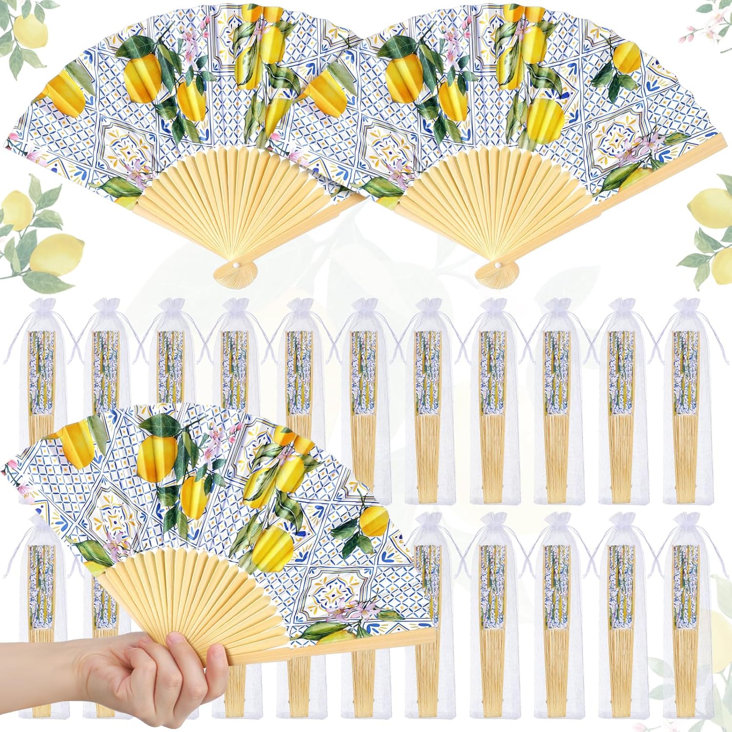 25 Sets Lemon Hand Folding Fans with Organza Bags Bulk, Guests Capri Lemon Wedding Favors for Decorations Mediterranean Paper Fans for Bridal Shower Wedding Bridesmaid Gift